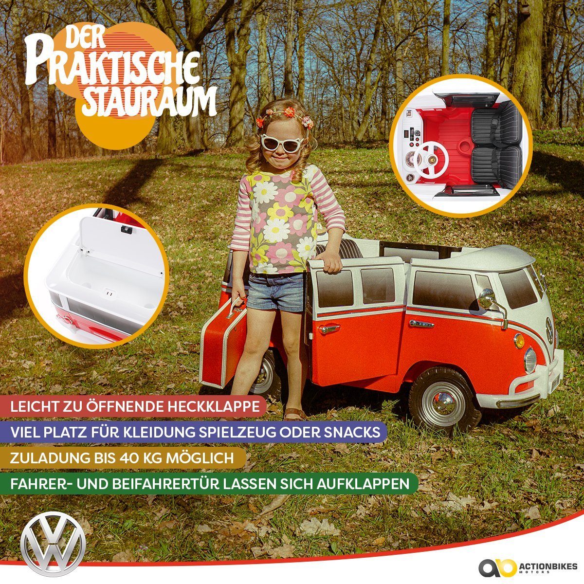 Actionbikes Motors electric children's car electric car VW Bus Bulli T1, load capacity 40 kg, (2 pieces), EVA solid rubber tires - VW Bulli - from 3 years. Children's electric car