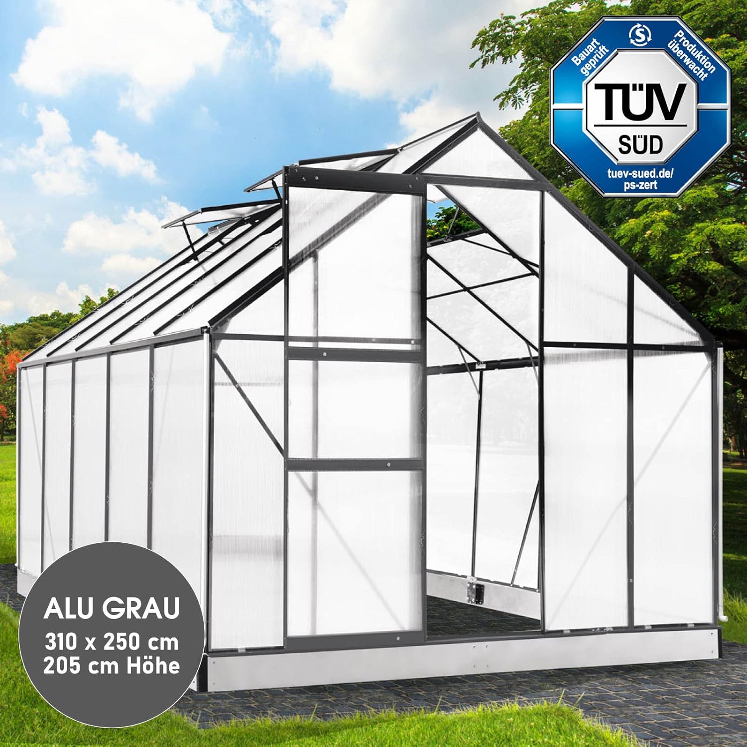 RAST Aluminium Greenhouse with Base 310 x 250 x 205 cm, TÜV Tested, 6 mm Hollow Chamber Panels, Rustproof/Weatherproof/Temperature-Resistant