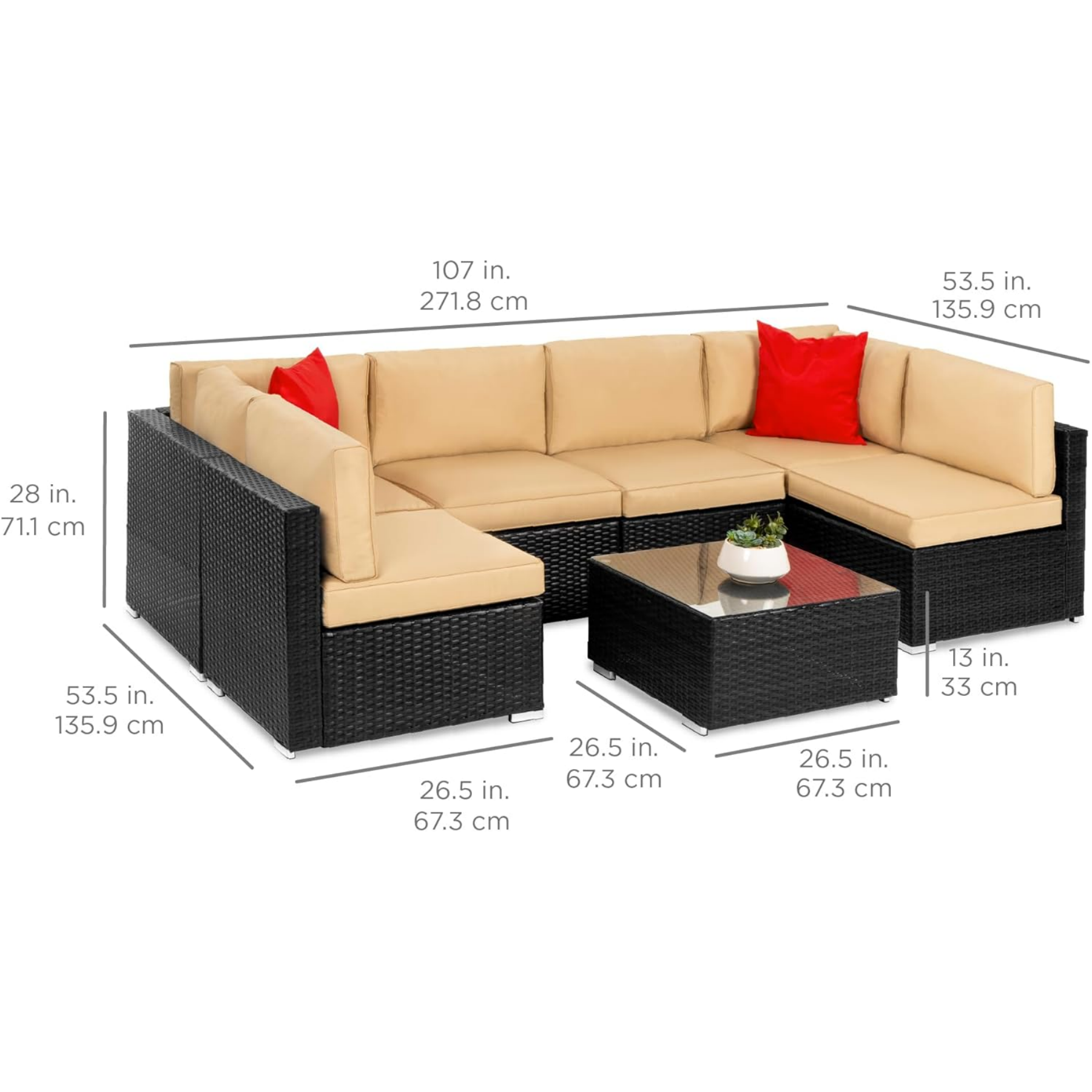 7-Piece Modular Outdoor Sectional Wicker Patio Conversation Set w/ 2 Pillows, Coffee Table
