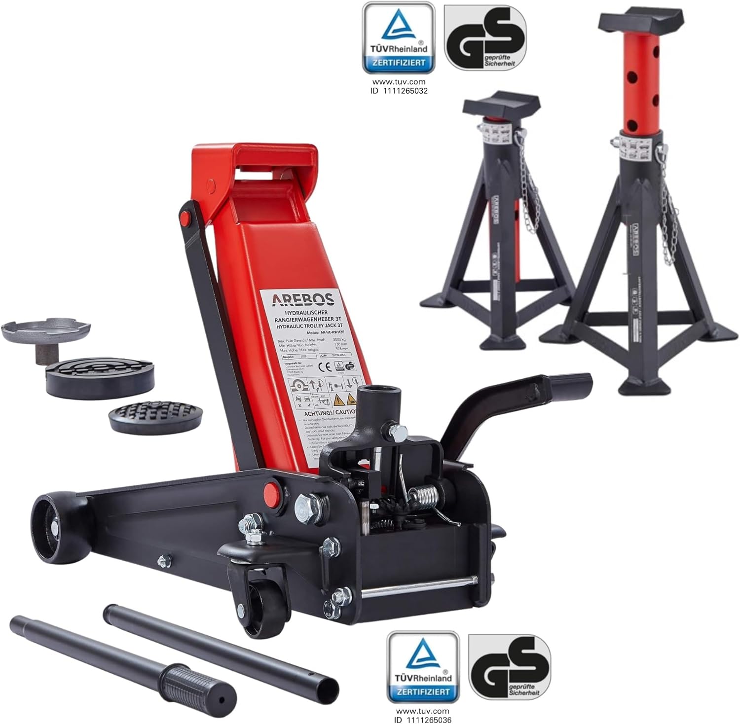 Arebos 3T Hydraulic Trolley Jack with Foot Pedal | 2x Jack Stands | 3 Ton Load Capacity | 2 Supports | Trolley Jack for Workshop and Hobby | Car Jack | Jack Stand for Vehicles, Cars, and Trucks