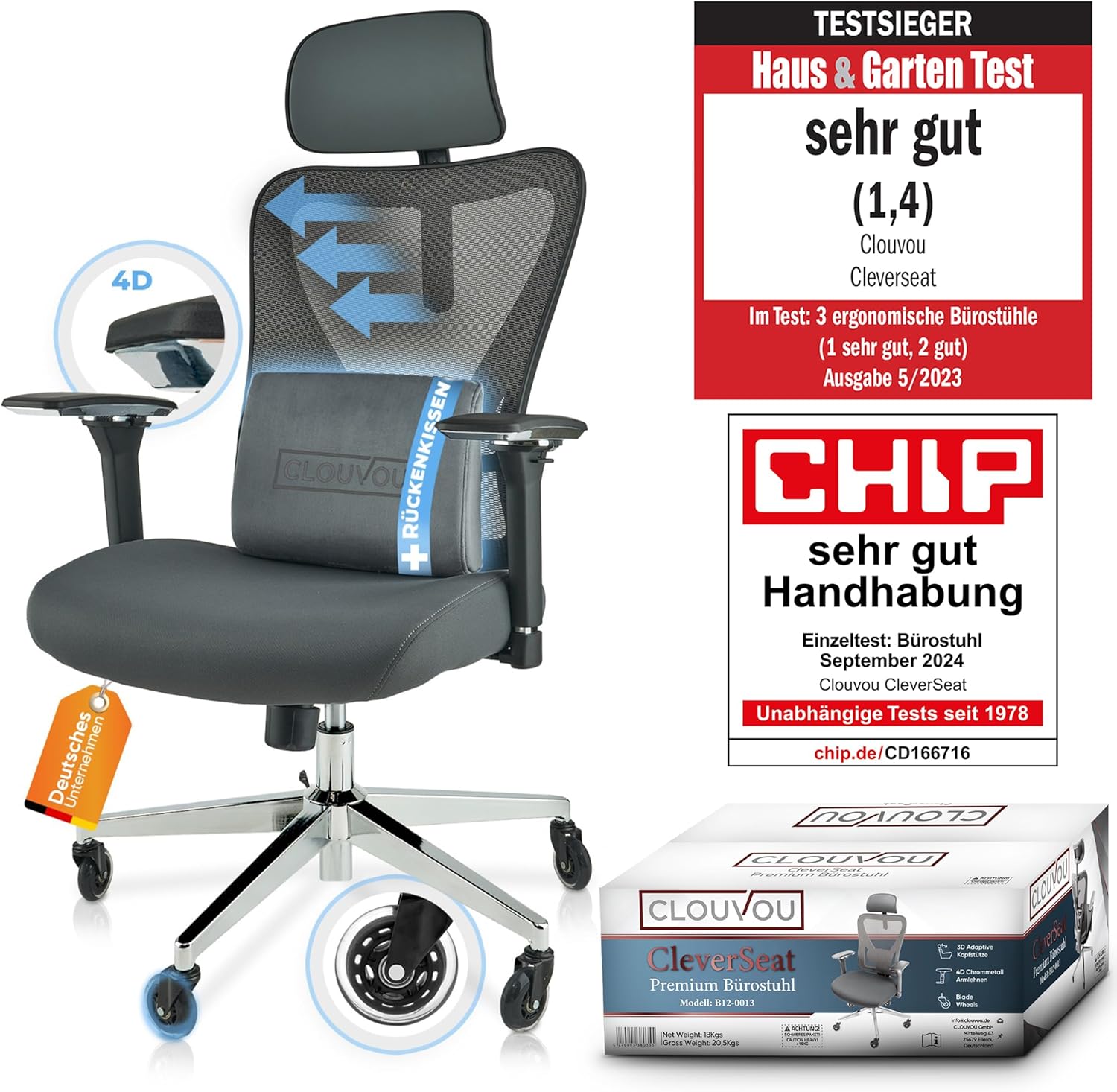 CLOUVOU CleverSeat Bürostuhl Ergonomisch [TESTSIEGER] Schreibtischstuhl 100% individuell einstellbar | Büro Stuhl & Gaming Stuhl | Computerstuhl Home Office Chair Ergonomic | Drehstuhl 150 kg