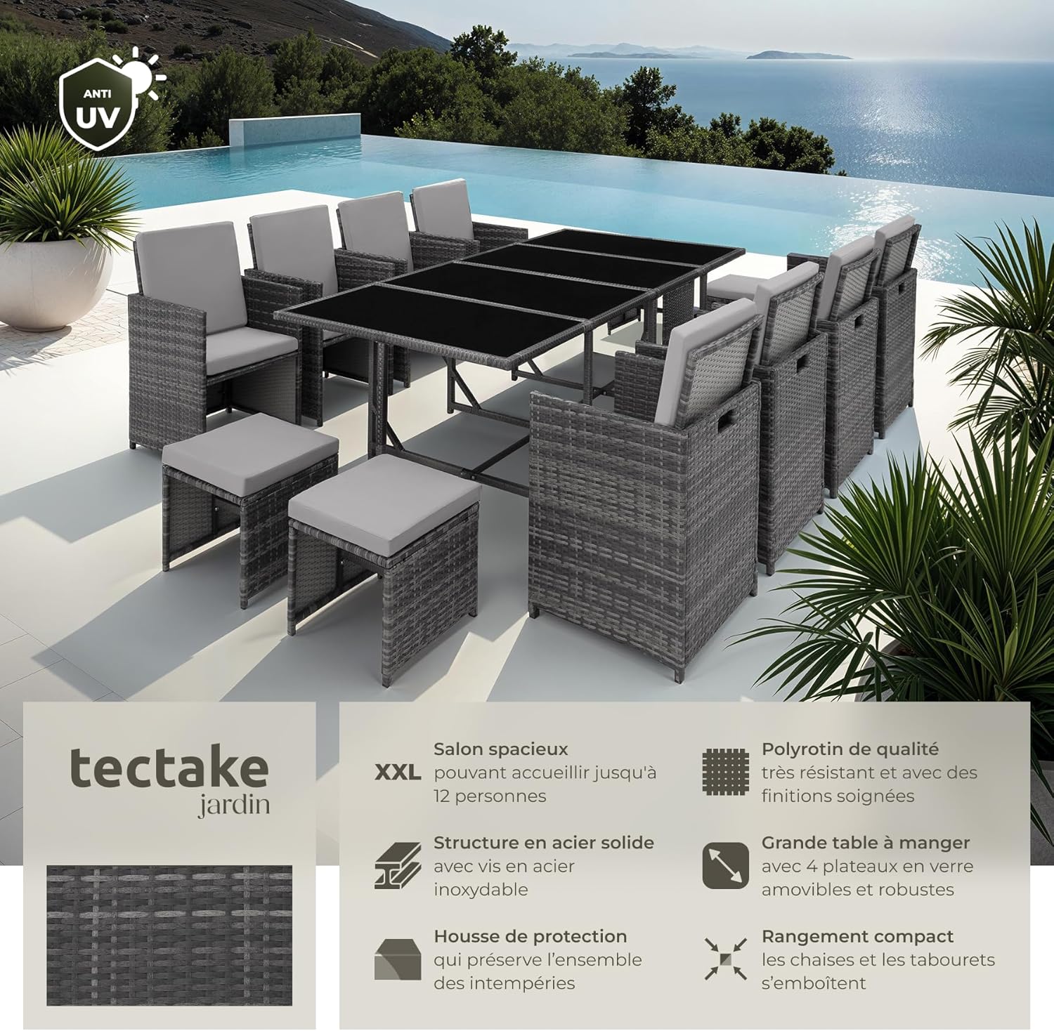 TecTake Rattan Garden Furniture Set - Outdoor Dining Set with 8 Comfortable Chairs, 4 Stools, and 1 Table - Balcony and Patio Furniture - Black/Grey