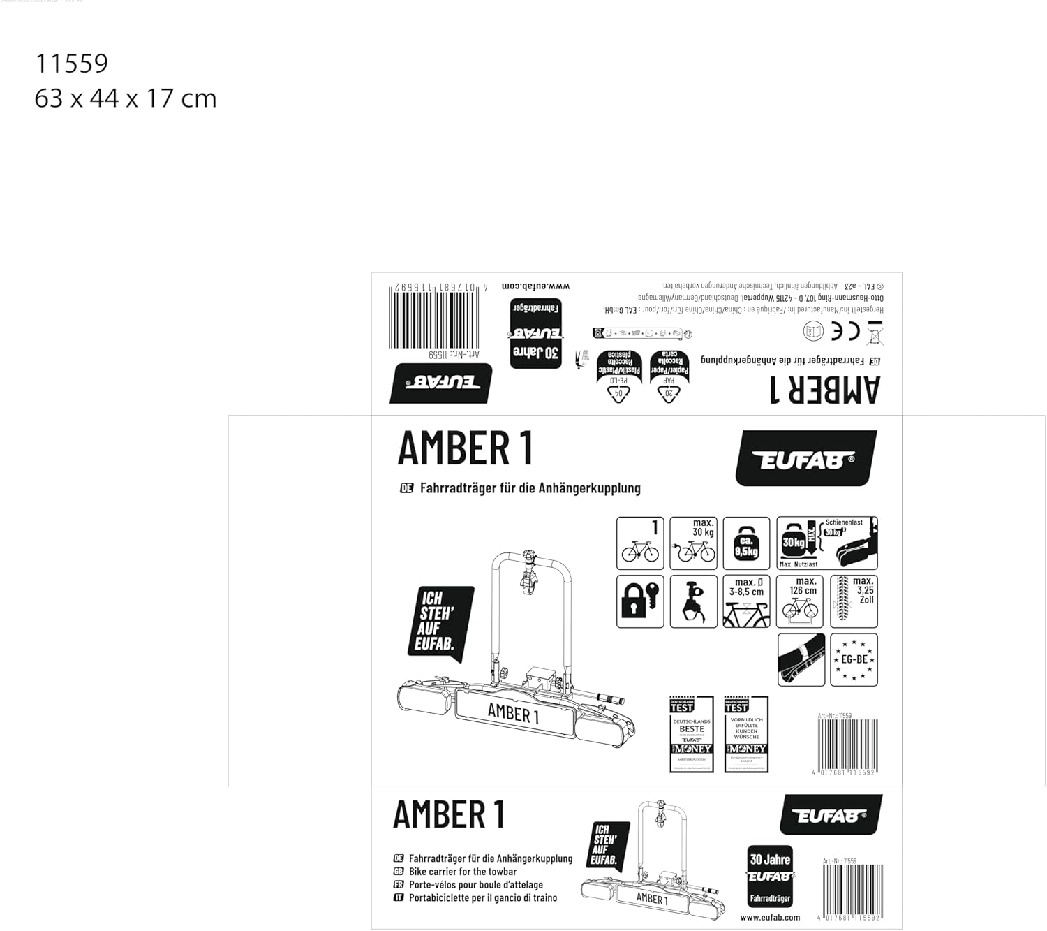 EUFAB 11559 AMBER 1 Bicycle Carrier Suitable for E-Bikes