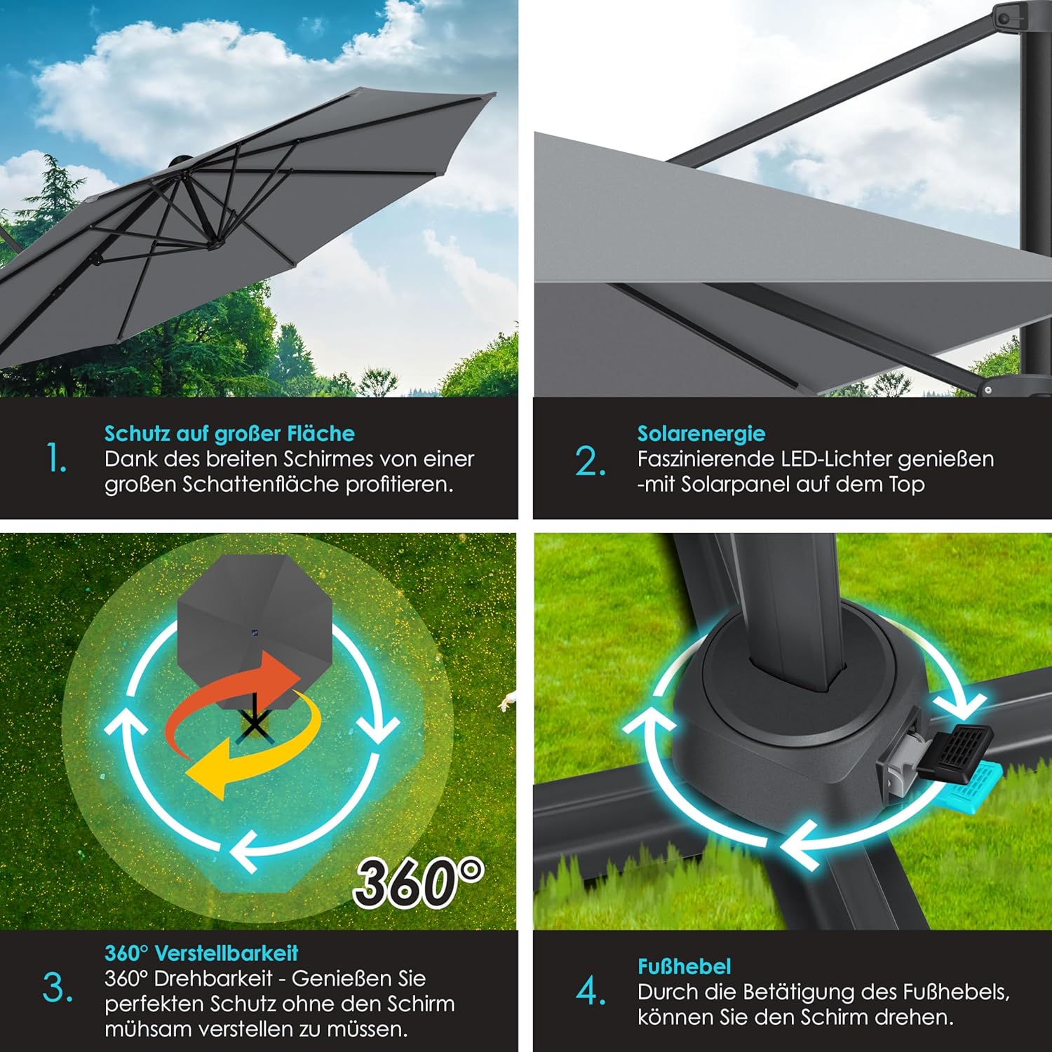 KESSER® Sun Parasol Round XL Diameter 330 cm Includes Cover + Wind Protection 7-Way Adjustable Tilting Large 360° Rotatable Garden Umbrella with Crank Sun Protection UV50+ Anthracite