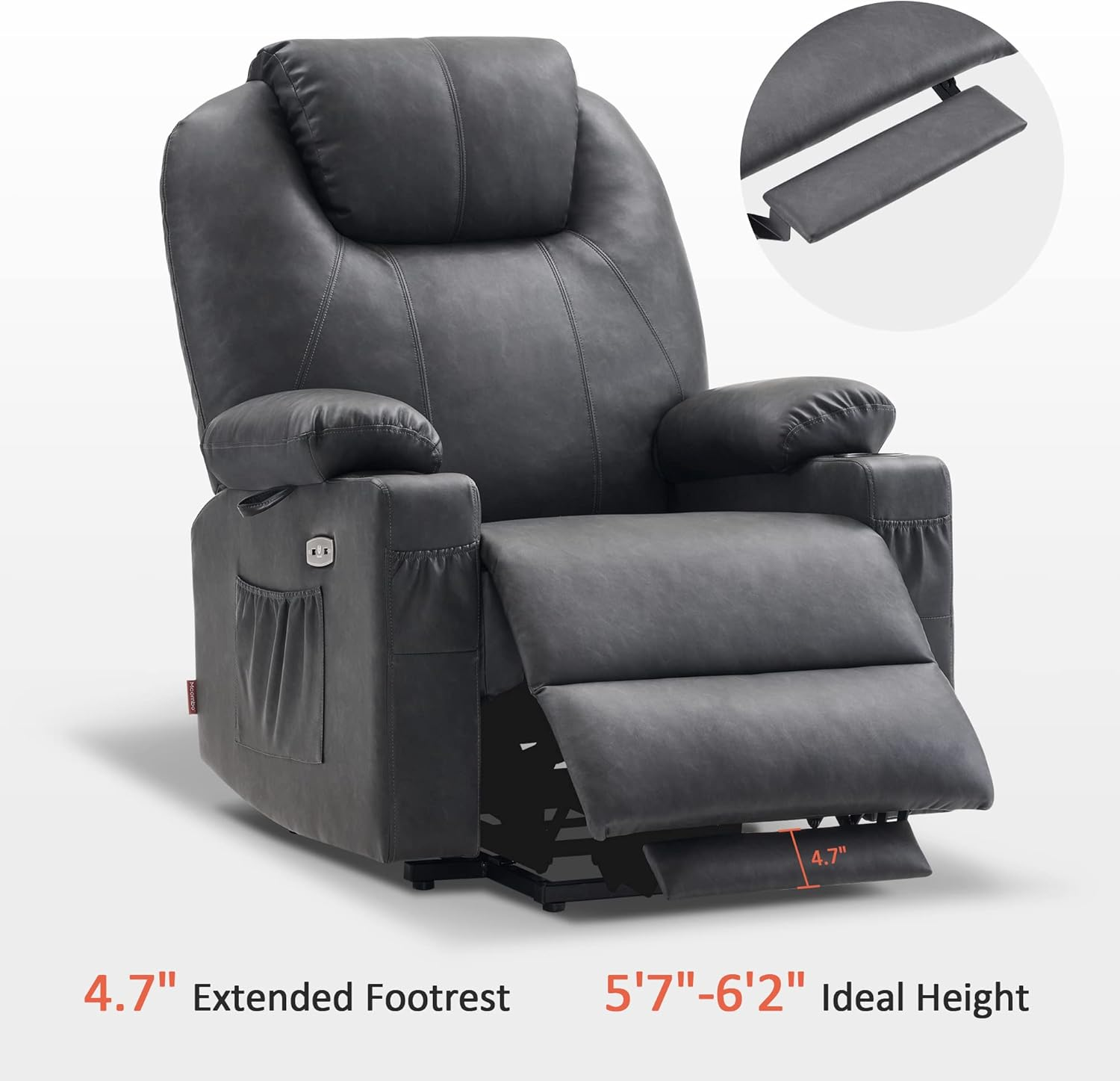 MCombo Large Power Lift Recliner Chair with Massage and Heat for Tall Elderly People, 3 Positions, Cup Holders, and USB Ports, Faux Leather 7516 (Large, Grey)