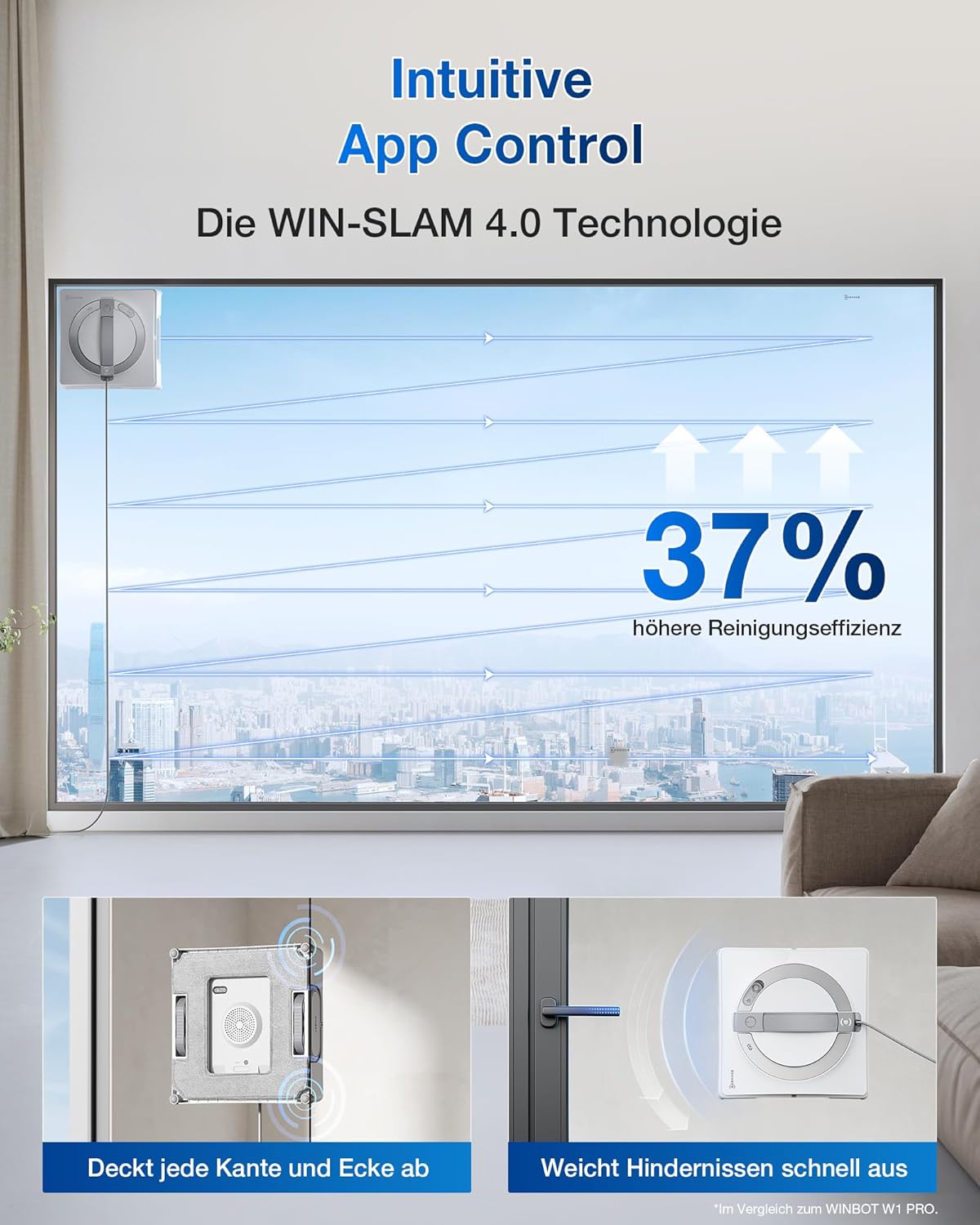 ECOVACS WINBOT W2 PRO Fensterputzroboter, 3-Düsen-Wassersprüher, 10-Stufen-Schutzsystem, Win-SLAM 4.0 Pfadplanung, Steady-Climbing-System, Kanten-Erkennung, App-Steuerung, Weiß