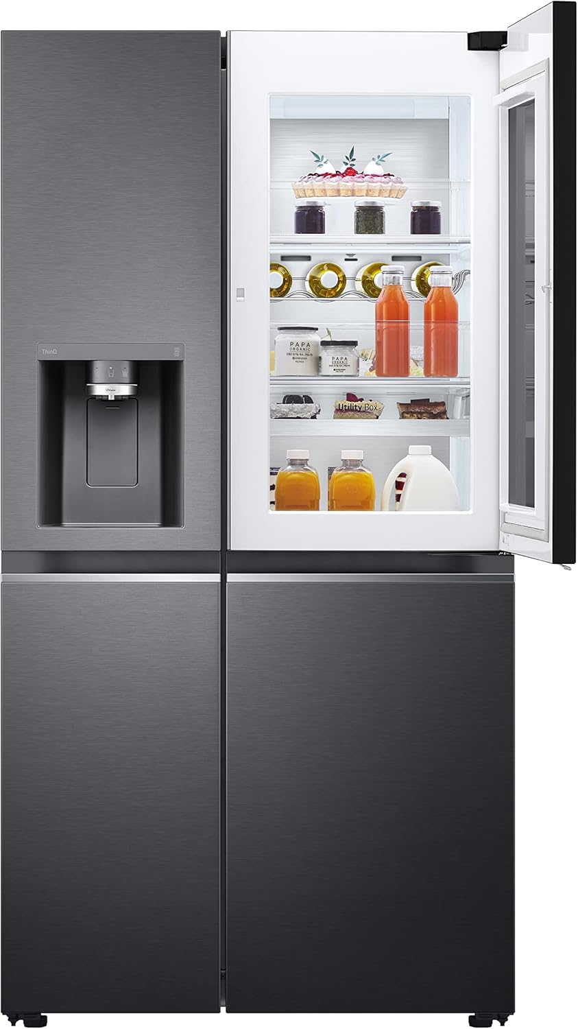 LG Electronics GSXV90MCAE Side-by-Side with InstaView Door-in-Door®, Ice, Crushed Ice and Water Dispenser, 635 Litre Capacity, Energy Efficiency Class E, Fixed Water Connection, Matt Black Steel [Energy Class E]