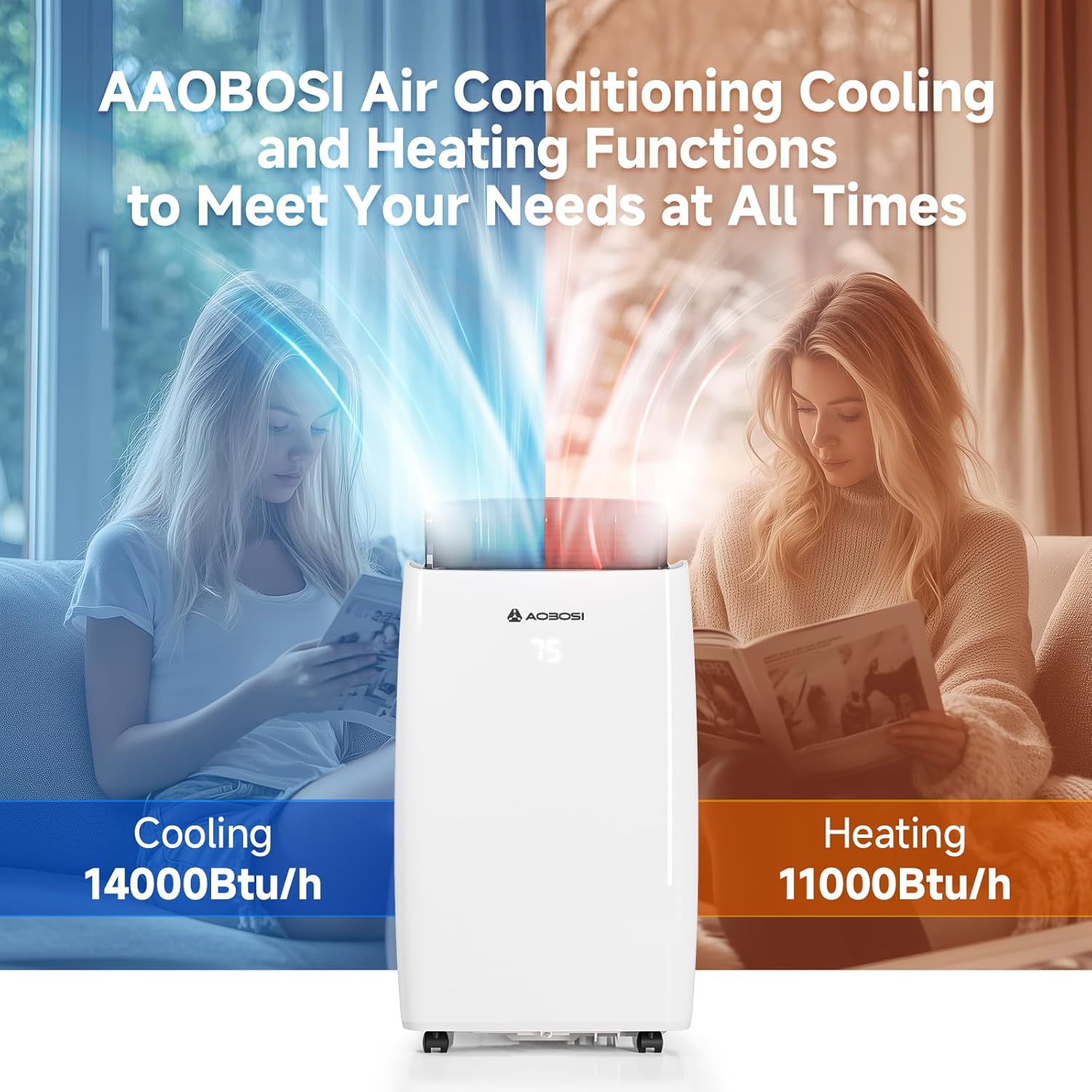 AAOBOSI 14,000 BTU Portable Air Conditioner with Heater & Dehumidifier, 6-in-1 Cooling Unit for Large Room up to 350 Sq.Ft, Quiet 45dB, Smart App Control, Window Kit & Wheels Included