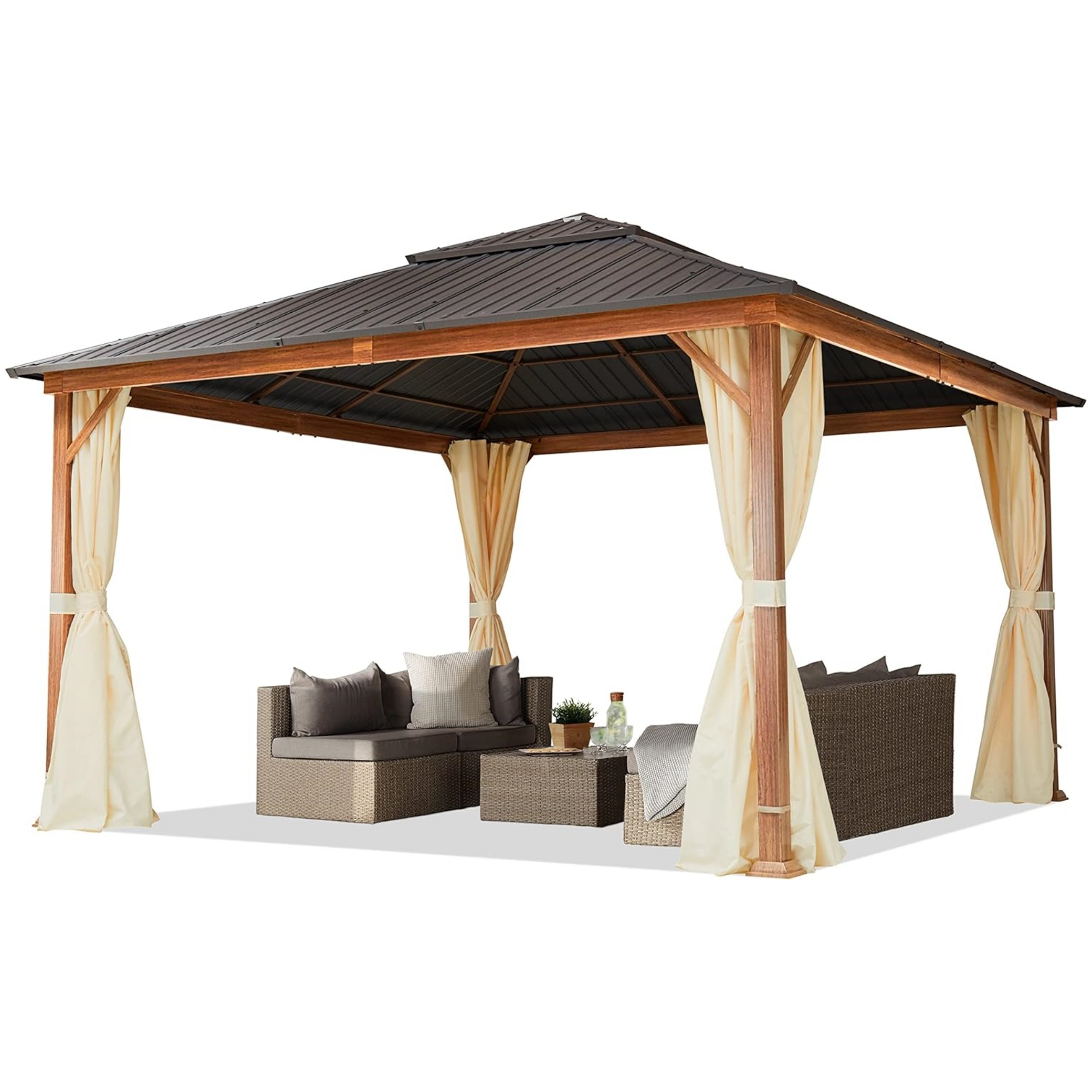 TOOLPORT Garden Gazebo 3 x 4 m Wood Effect Steel Roof Hardtop 4 Side Panels in Grey