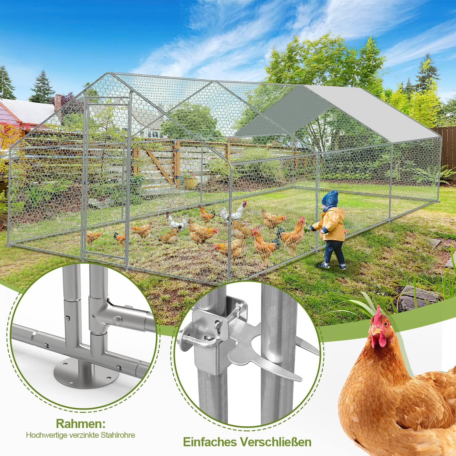 Sonnewelt Freilaufgehege 3x6x2m Hühnerstall Verzinkter Stahl Kleintierstall Hühnerhaus Dach Geflügelstall mit Sonnenschutzdach und Tür für Haustierkäfig Hühnerkäfig Vogelkäfig Kleintiere Pflanzen