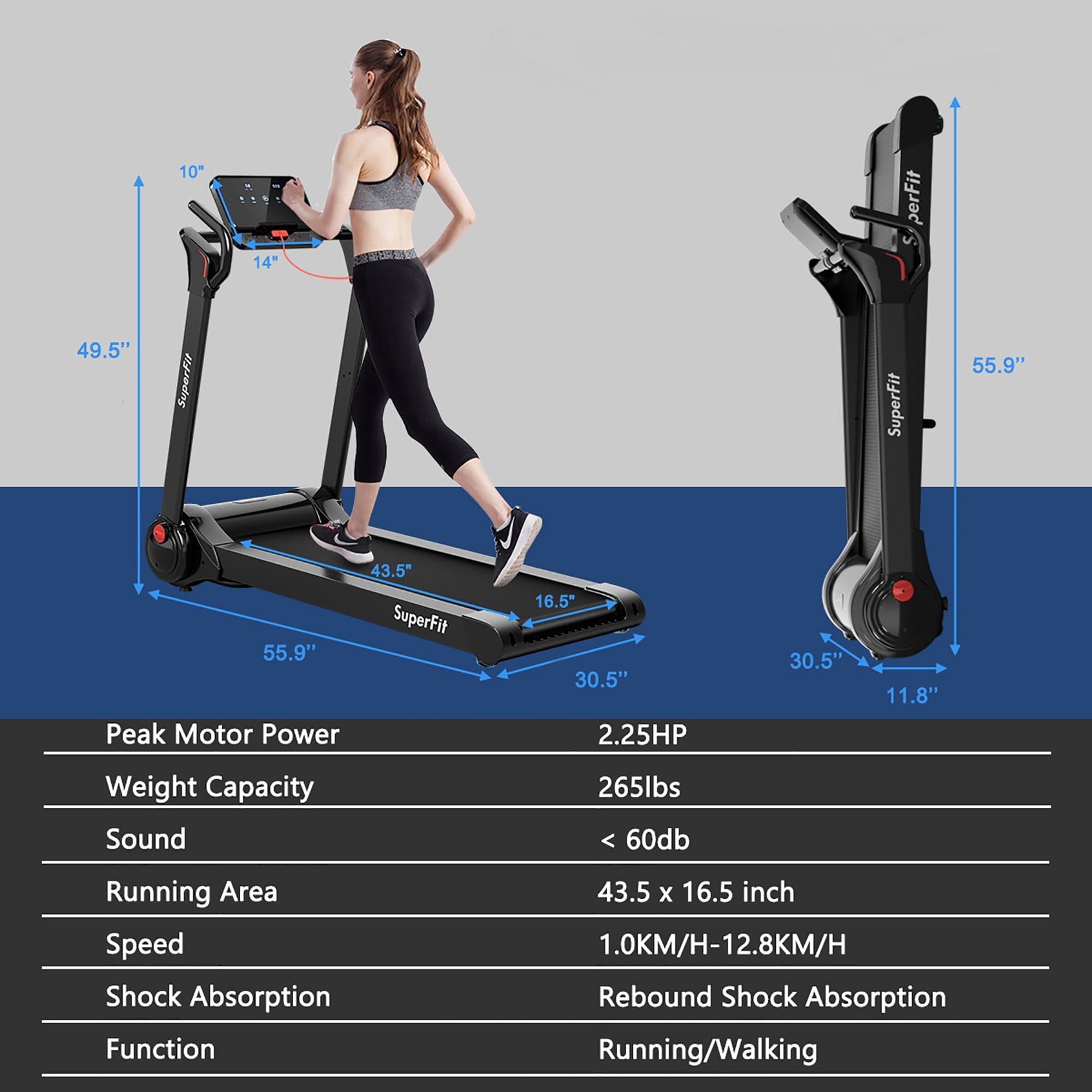 SuperFit 2.25HP Folding Electric Motorized Treadmill With Speaker - 55.9 x 30.5 x 49.5