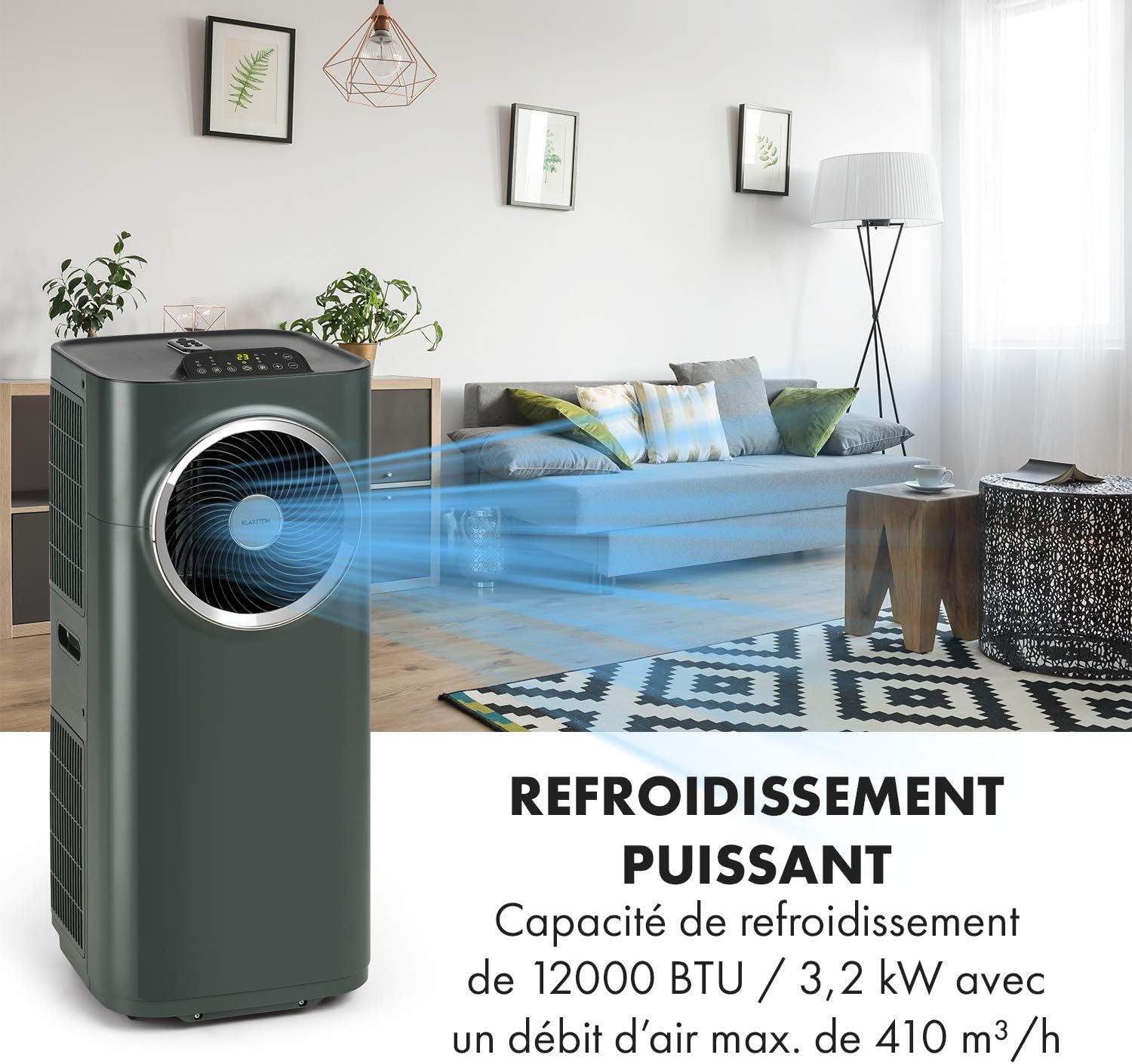 Klarstein Silent Mobile Air Conditioner, 5 in 1 Portable Smart Air Conditioning, Mini Air Conditioner, Purifier and Odour Removal, Air Dehumidifier, Night Mode, Low Consumption, 12K BTU, Air [Energy Class A]