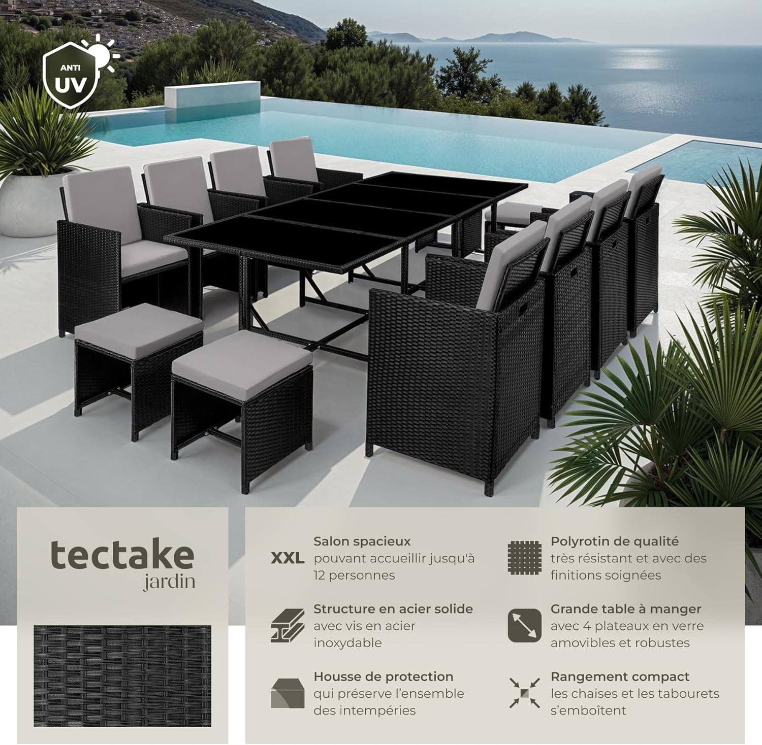 TecTake Rattan Garden Furniture Set - Outdoor Dining Set with 8 Comfortable Chairs, 4 Stools, and 1 Table - Balcony and Patio Furniture - Black/Grey