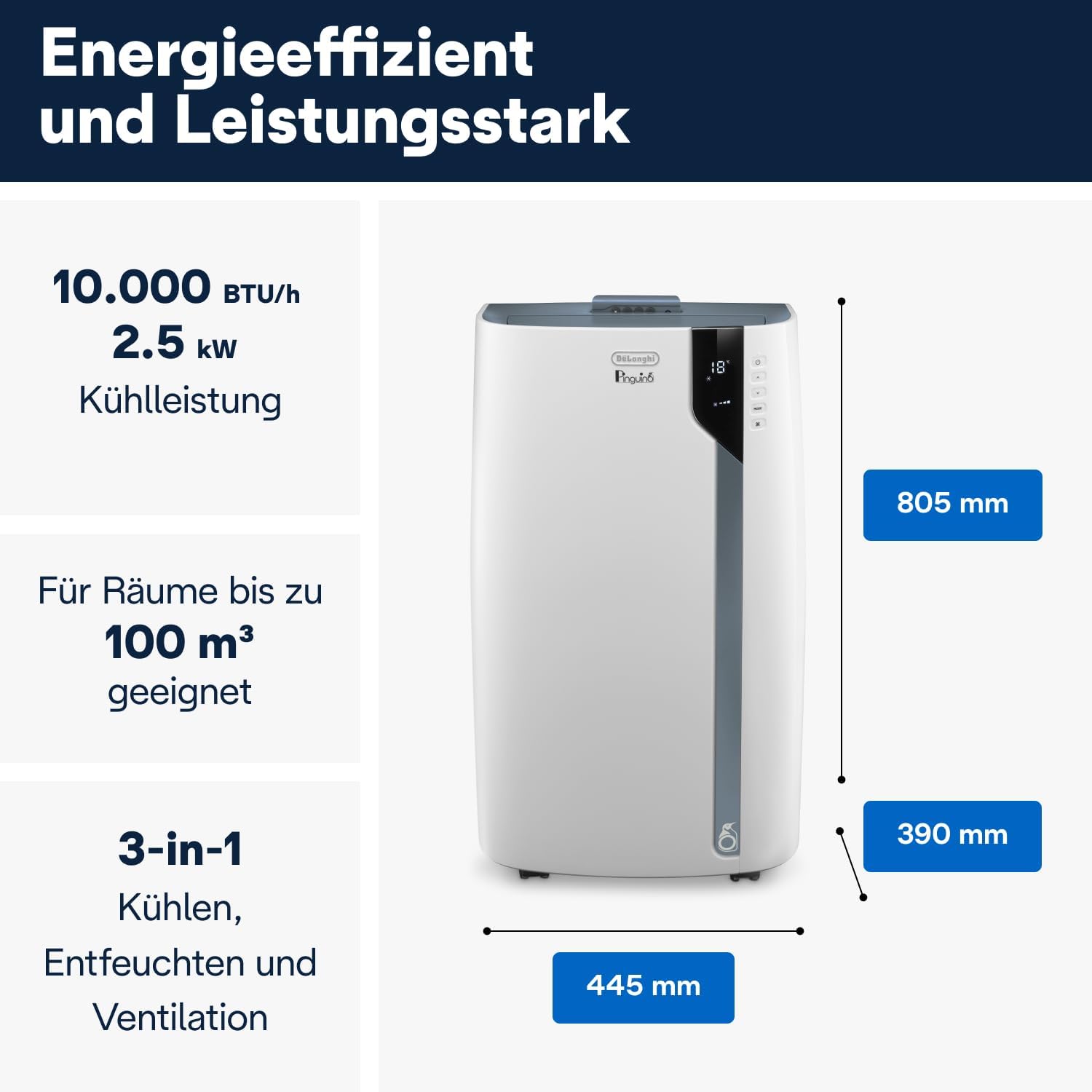 De'Longhi Pinguino PAC EX105 Mobile Air Conditioner with EcoRealFeel Technology, 10,000 BTU/h, for Rooms up to 100 m³, Dehumidification & Ventilation Function, 24-Hour Timer, Energy Efficiency Class [Energy Class A+++]