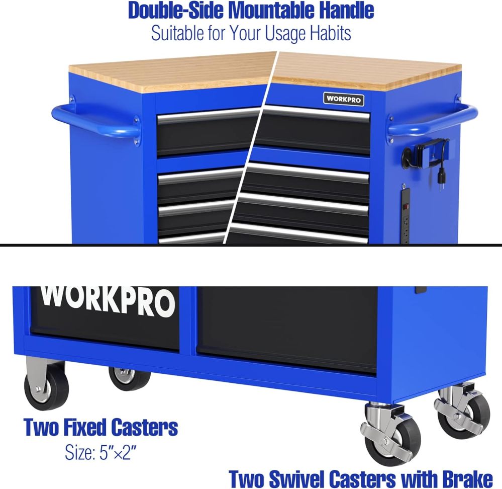 WORKPRO 46-Inch 9-Drawers Rolling Tool Chest, Mobile Tool Storage Cabinet with Wooden Top, Equipped with Casters, Handle, Drawer Liner, and Locking System, 1200 lbs Load Capacity