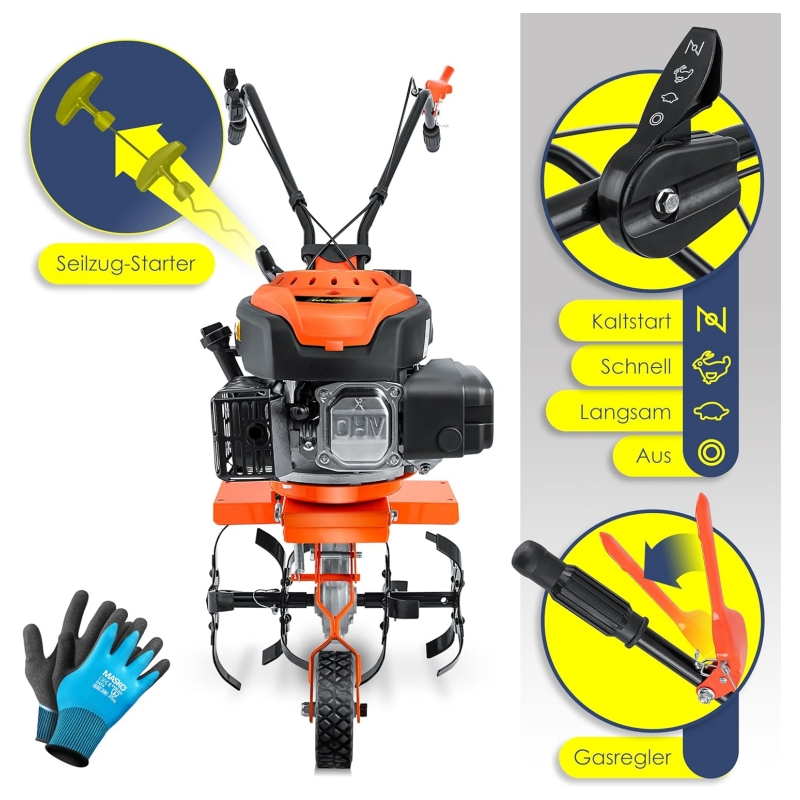 MASKO Petrol Tiller MK-909 Tiller 3 KW (4.1 HP) 139 cm³ with Working Width of 36 cm – 4-Stroke Engine – 16 Hard Blades – Tiller – Cultivator – Tiller – Tiller –
