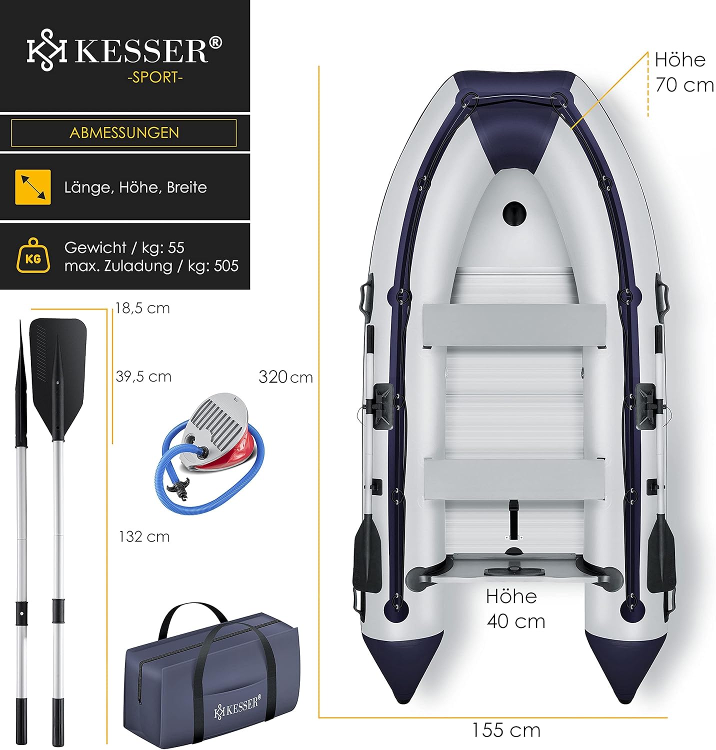 KESSER® Inflatable Boat 3.20 m for 4 People - Wave Motor Suitable Leisure Boat Paddle Boat Motor Boat Fishing Boat - with 2 Benches - Aluminium Base Paddle Pump Repair Kit & Bag Inflatable PVC