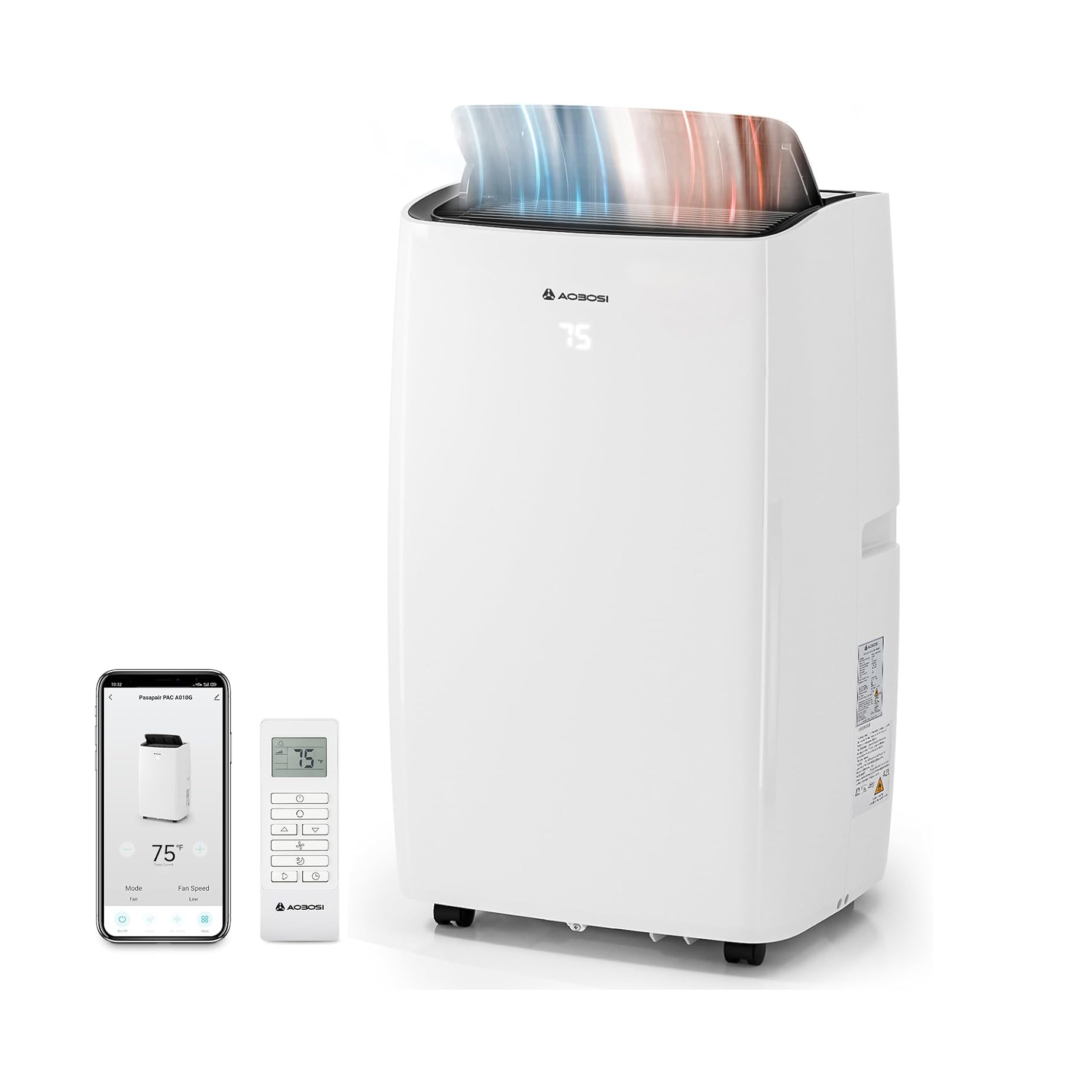 AAOBOSI 14,000 BTU Portable Air Conditioner with Heater & Dehumidifier, 6-in-1 Cooling Unit for Large Room up to 350 Sq.Ft, Quiet 45dB, Smart App Control, Window Kit & Wheels Included