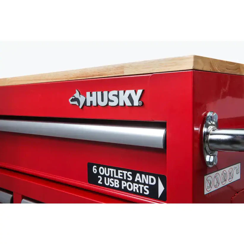 60 In. W X 22 In. D Standard Duty 12-Drawer Mobile Workbench Cabinet with Solid Wood Top in Gloss Red