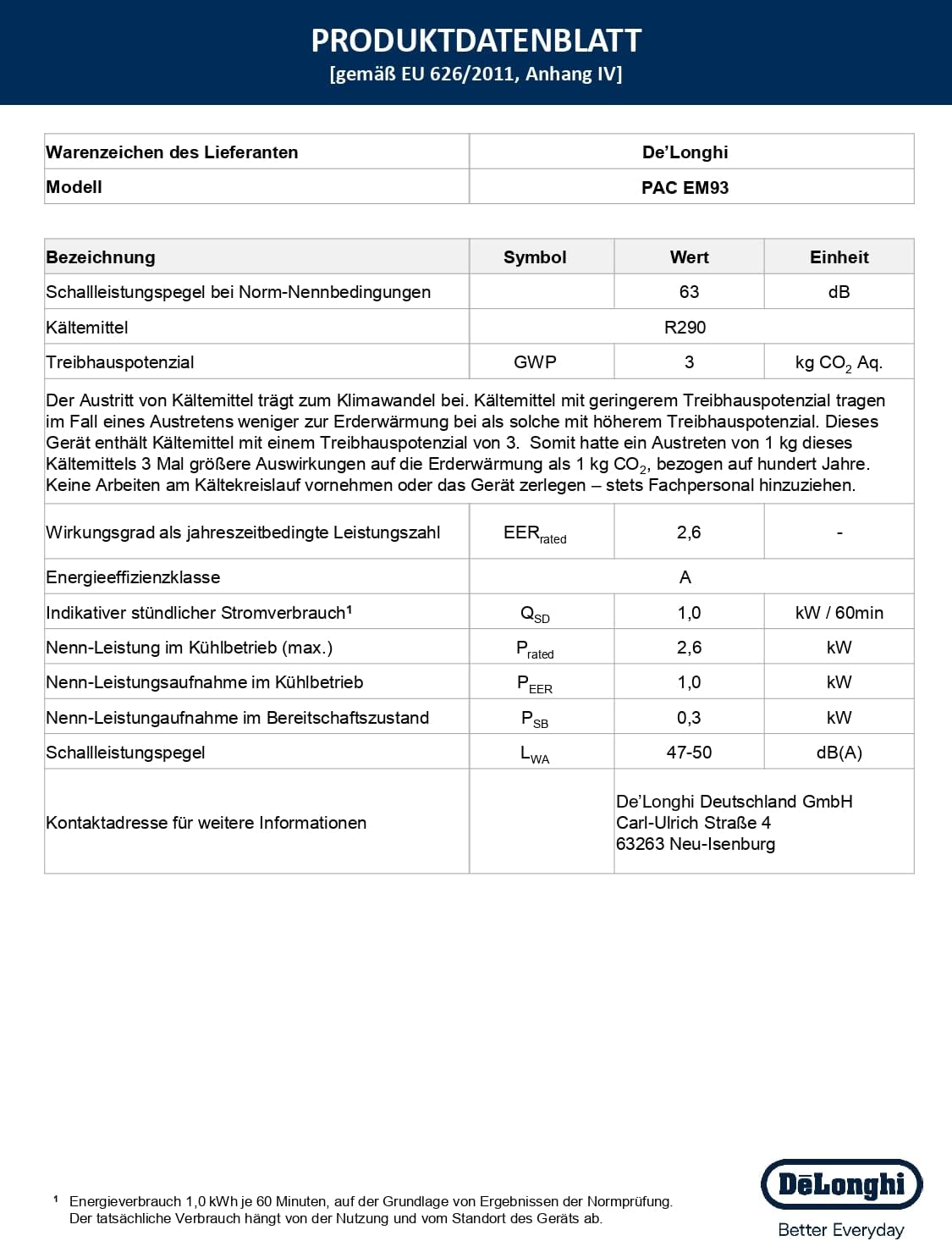 De'Longhi EM Series Pinguino Pac EM93K Silent, Aire Acondicionado Portátil Silencioso, 10.500 BTU/h, 90m3, 2.6 kW, 3 Velocidades, Gas R290, 1105 W, 90 Cubic_Feet, 63 Decibeles, White [Clase de eficiencia energética A]