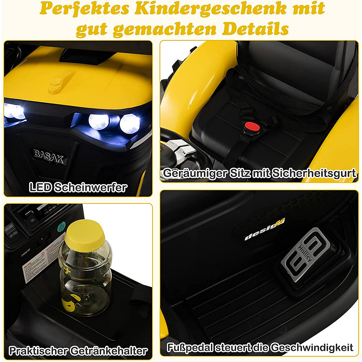 COSTWAY 12V Traktor mit Anhnger Elektroauto mit Fernbedienung & Musik gelb