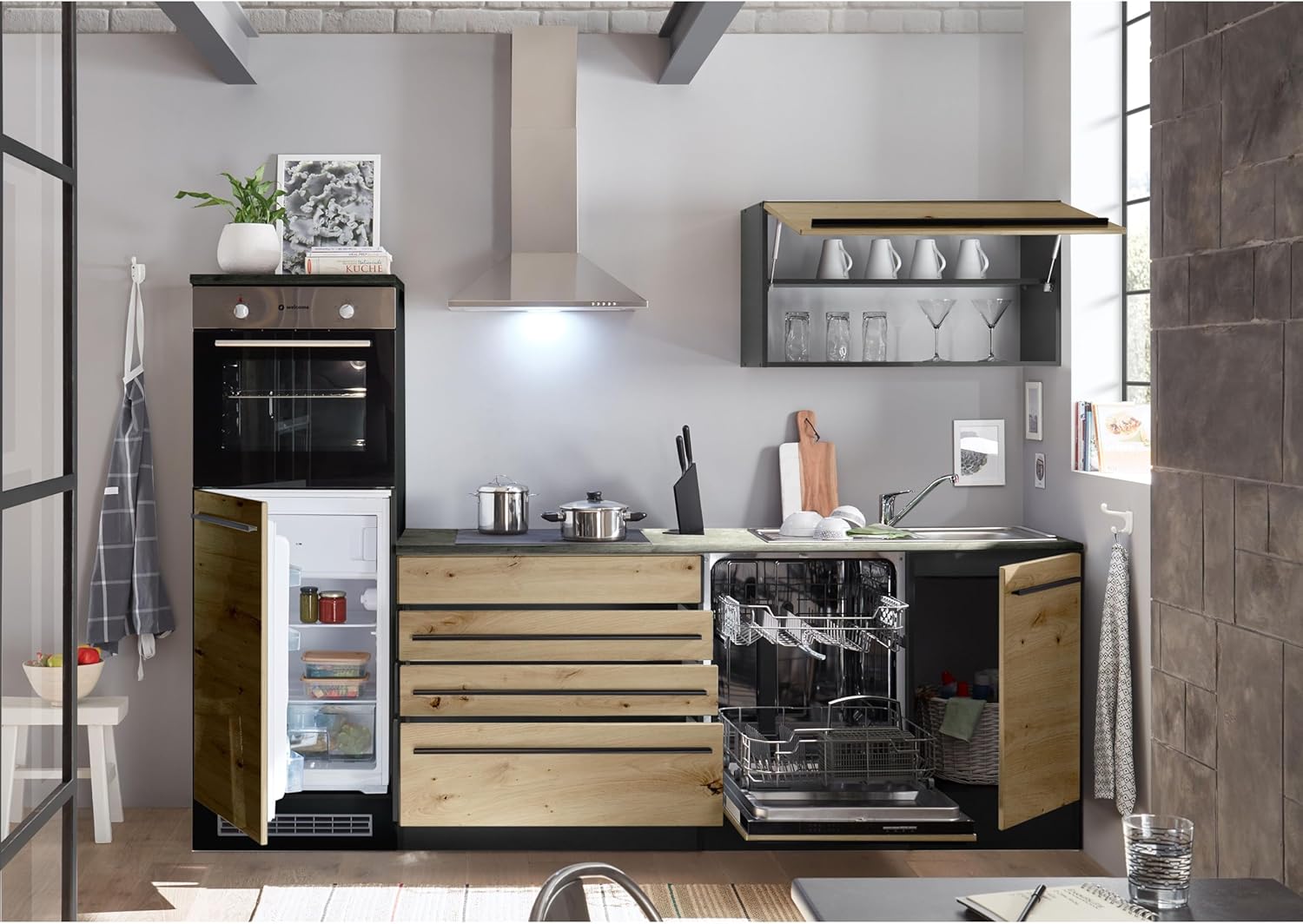 Jazz 6 Modern Kitchen Unit with Electrical Appliances in Anthracite, Artisan Oak Look, Spacious Fitted Kitchen with Lots of Storage Space, 260 x 200 x 60 cm (W x H x D)