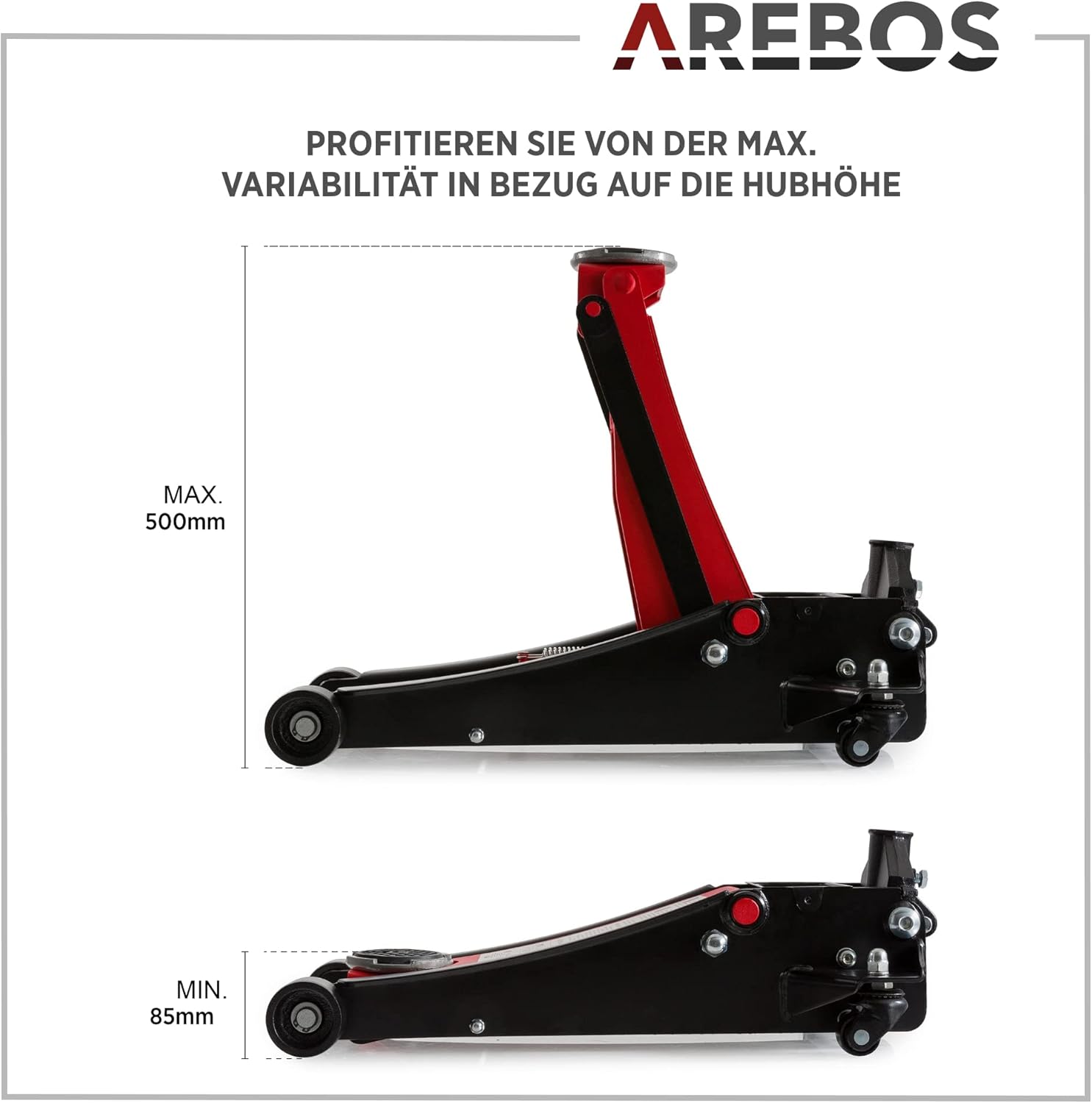 Arebos 3T Hydraulic Trolley Jack Flat | Underride height 85-500 mm | Double piston | 3 supports | Car jack | Jack stand for vehicles and cars