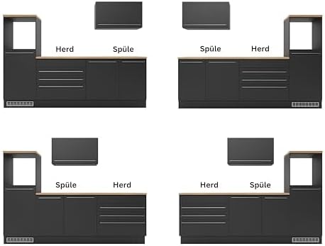 Jazz 6 Modern Kitchen Unit with Electrical Appliances in Matt Black, Lanzelot Oak Look - Spacious Fitted Kitchen with Lots of Storage Space - 260 x 200 x 60 cm (W x H x D)