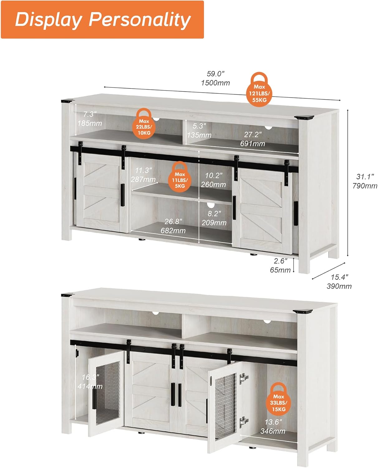 WAMPAT Farmhouse Buffet Cabinet,Rustic Sideboard with Sliding Barn Doors