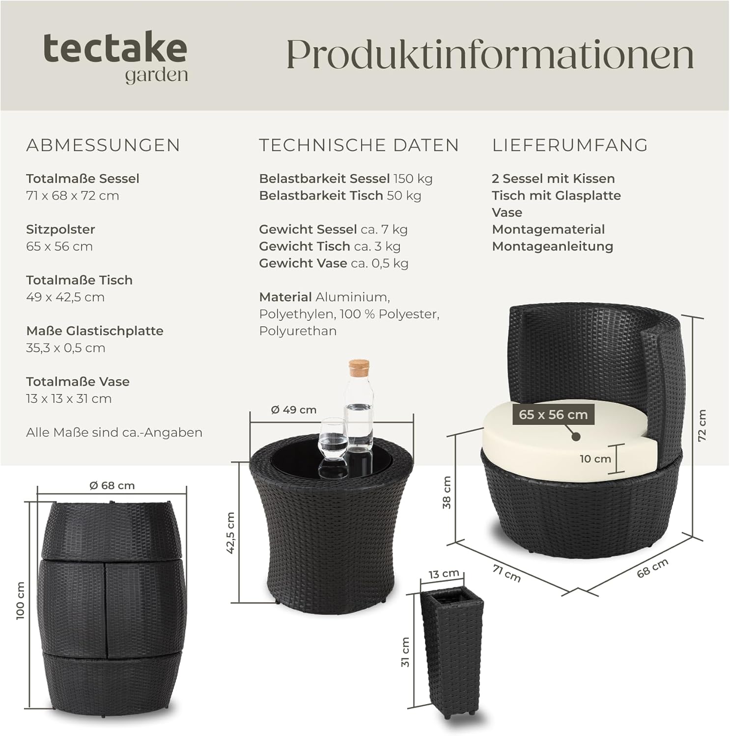 tectake® Rattan garden furniture set for 2 people, balcony furniture set, garden furniture set with 2 chairs, 1 x round side table, 1 x vase, can be folded to save space