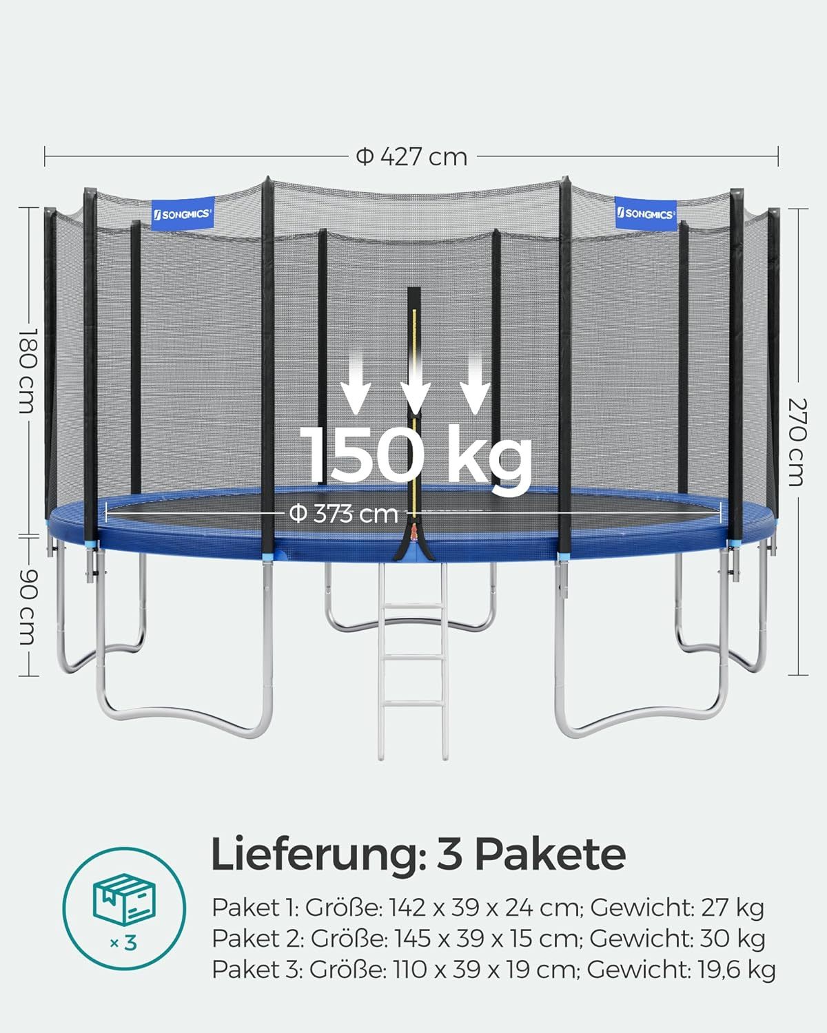 SONGMICS Outdoor Trampoline Ø 427 cm, Round Garden Trampoline with Safety Net, Ladder and Padded Poles