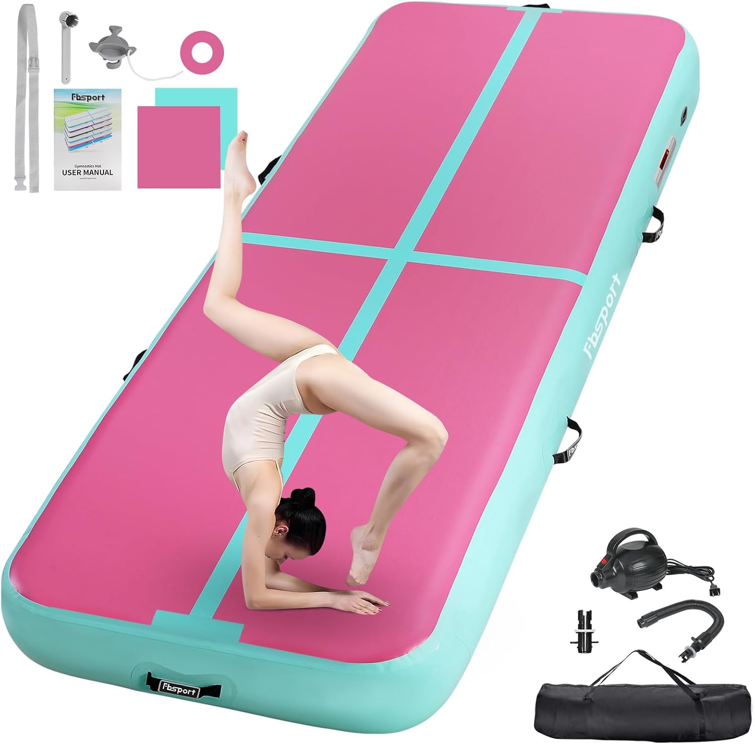 FBSPORT Airtrack Mat, 10/20 cm High Thick 2/3/4/5/6 / M Tumbling Mat, Gymnastics Mat with Air Pump, Training Mat with Carry Bag, Gym Mat for Home, Outdoor, Yoga, Exercise Gymnastics etc.