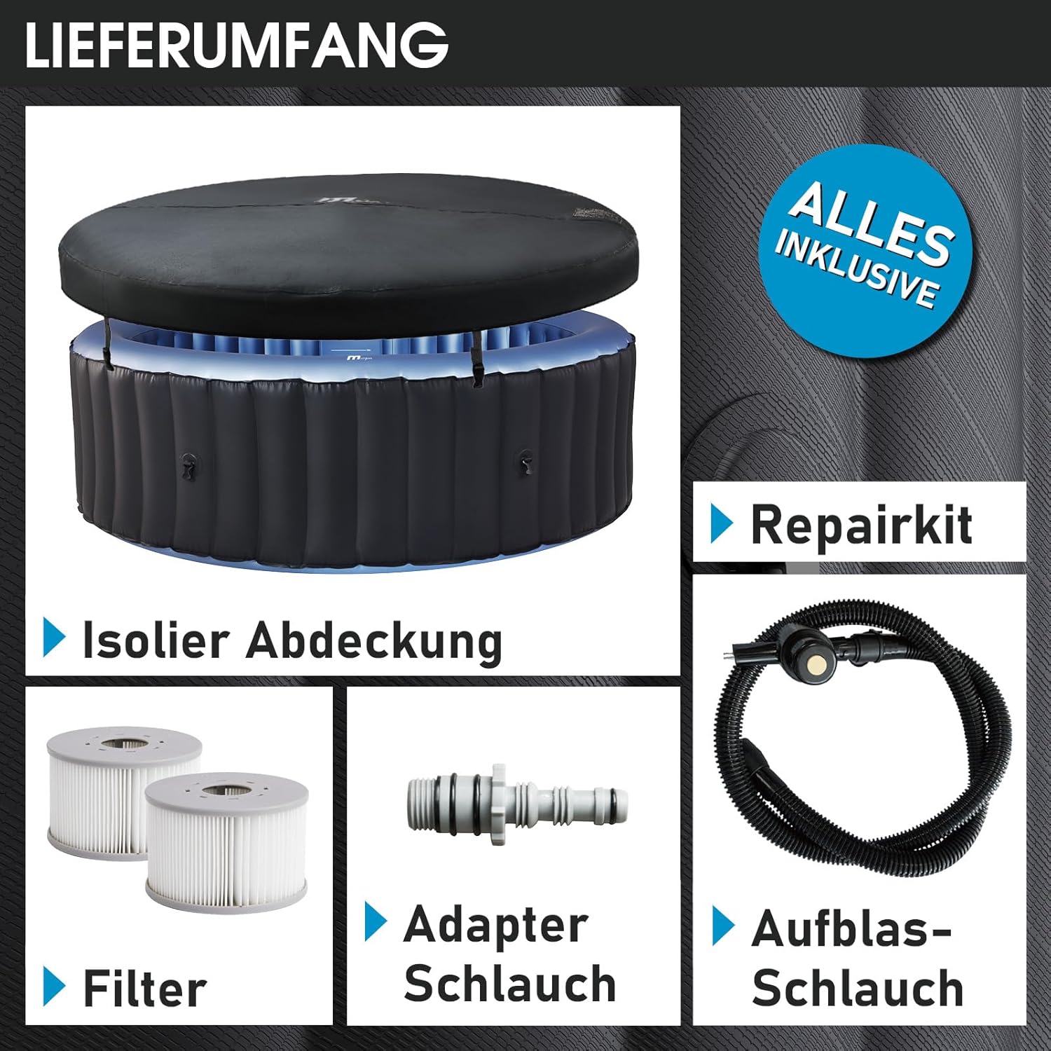 BRAST® MSpa Inflatable Whirlpool, 4-8 People, Many Models, Round and Square, Diameter 125-224 cm, Indoor, Outdoor Pool, Up to 144 Massage Jets, Includes Inflation Function Cover, Timer Heating, Bergen