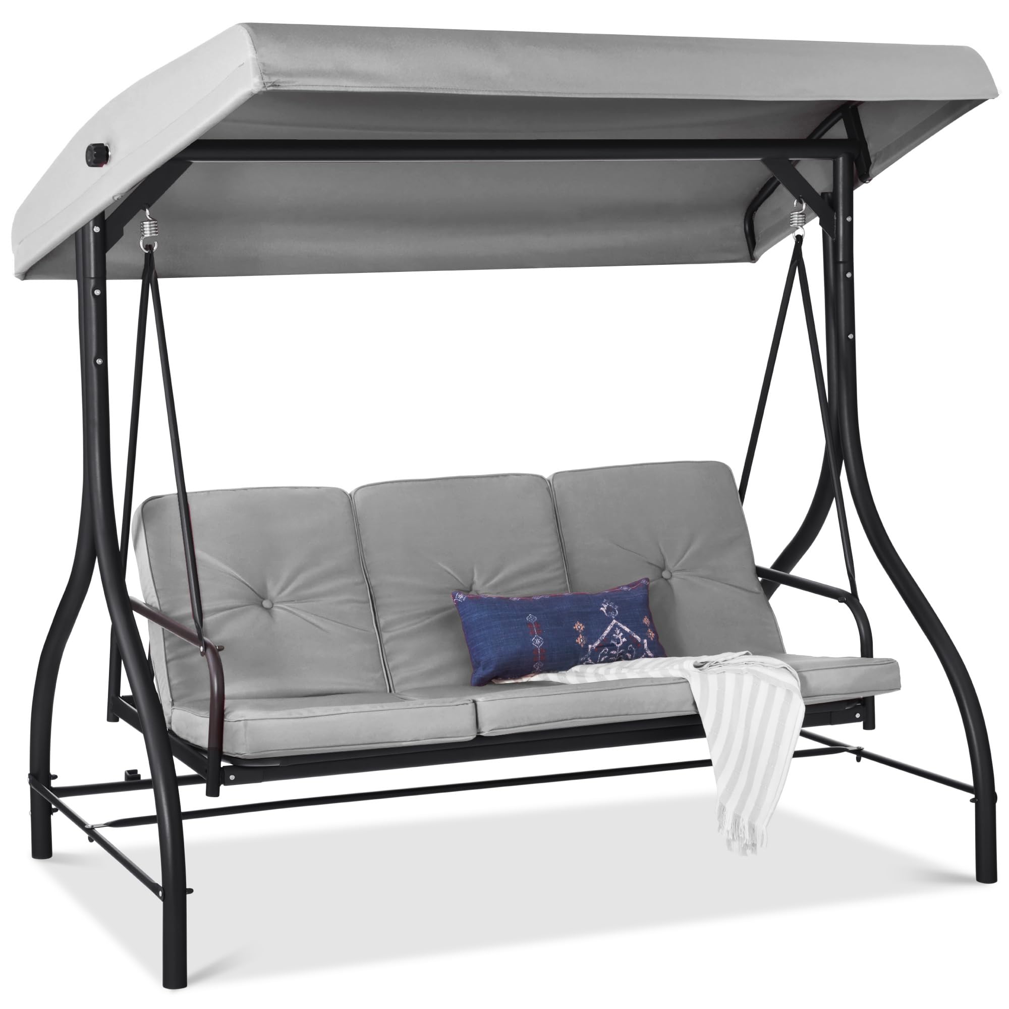 Best Choice Products 3-Seat Outdoor Large Converting Canopy Swing Glider, Patio Hammock Lounge Chair for Porch, Backyard w/Flatbed, Adjustable Shade, Removable Cushions