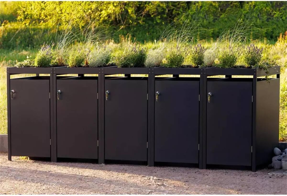 Metzler Wheelie Bin Box 4 Bins 240 L with Plant Roof, Roof Greenery in Anthracite with Plant Roof, Weatherproof, Pack of 4, Waste Container, Bin House, Lockable, Garden Box, Rubbish Box