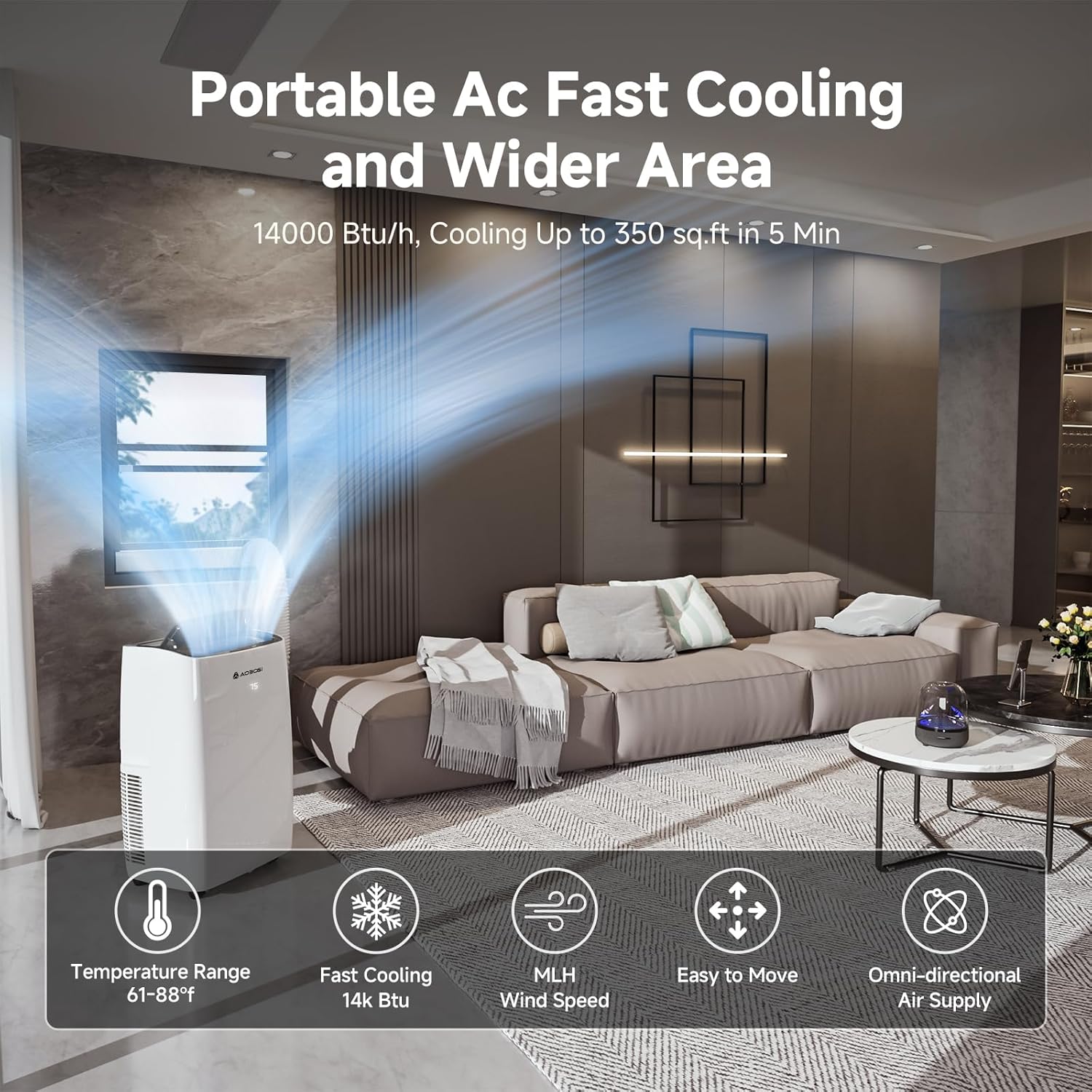 AAOBOSI 14,000 BTU Portable Air Conditioner with Heater & Dehumidifier, 6-in-1 Cooling Unit for Large Room up to 350 Sq.Ft, Quiet 45dB, Smart App Control, Window Kit & Wheels Included