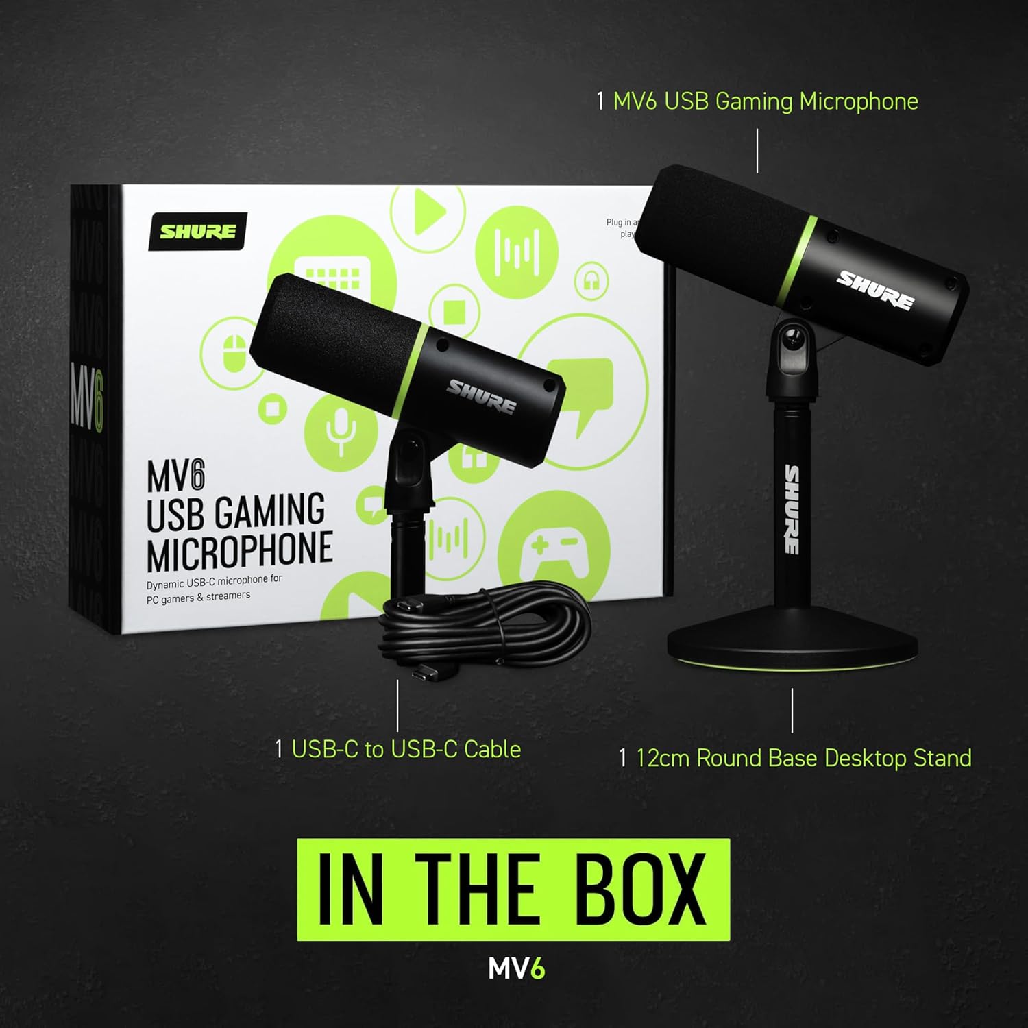 Shure MV6 Micro USB Gaming, USB-C, Microphone Dynamique, Mode Auto Level, Digital Popper Stopper, pour PC Gamers, Streamers