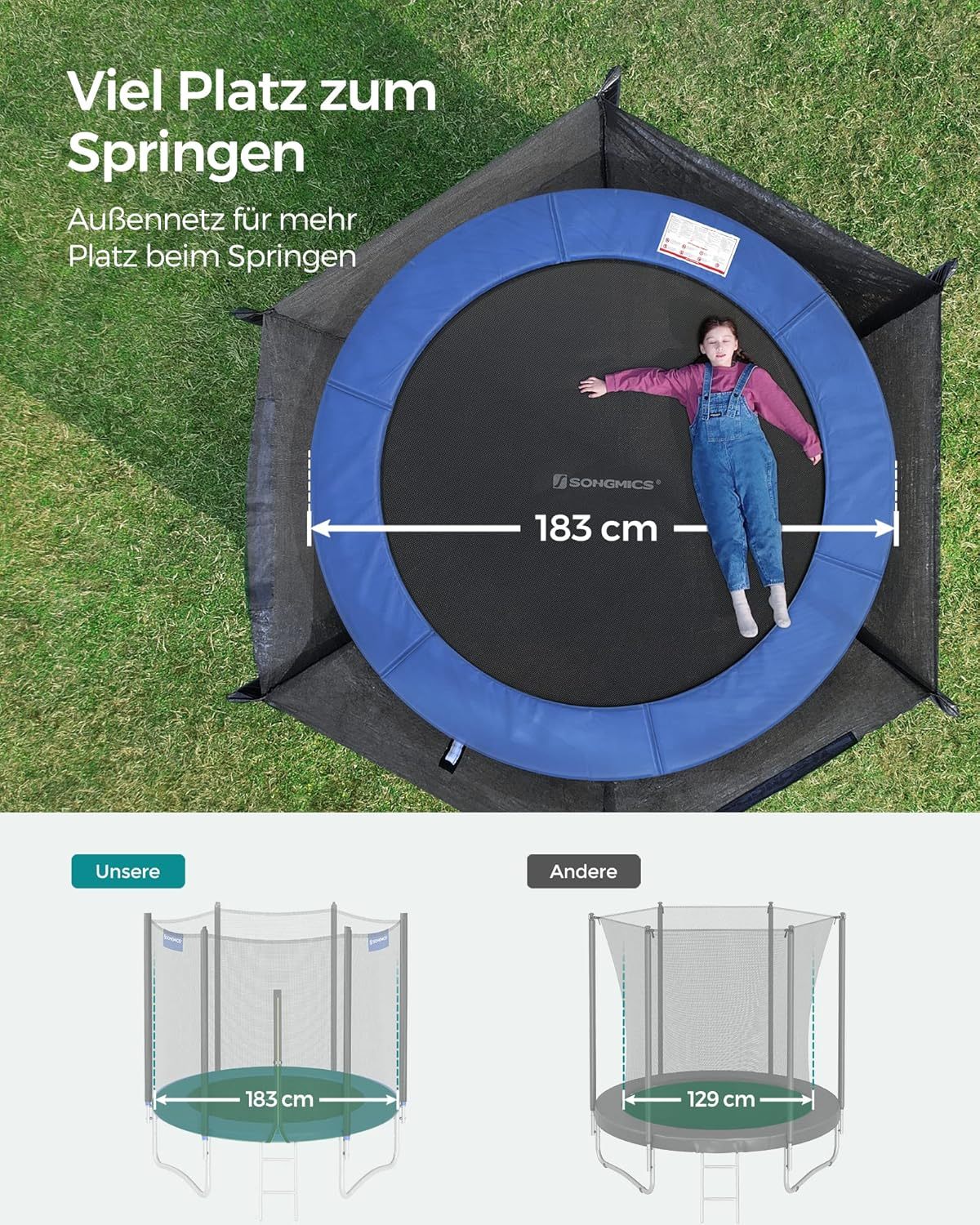 SONGMICS Outdoor Trampoline Ø 183cm, Round Garden Trampoline with Safety Net, Ladder and Padded Poles