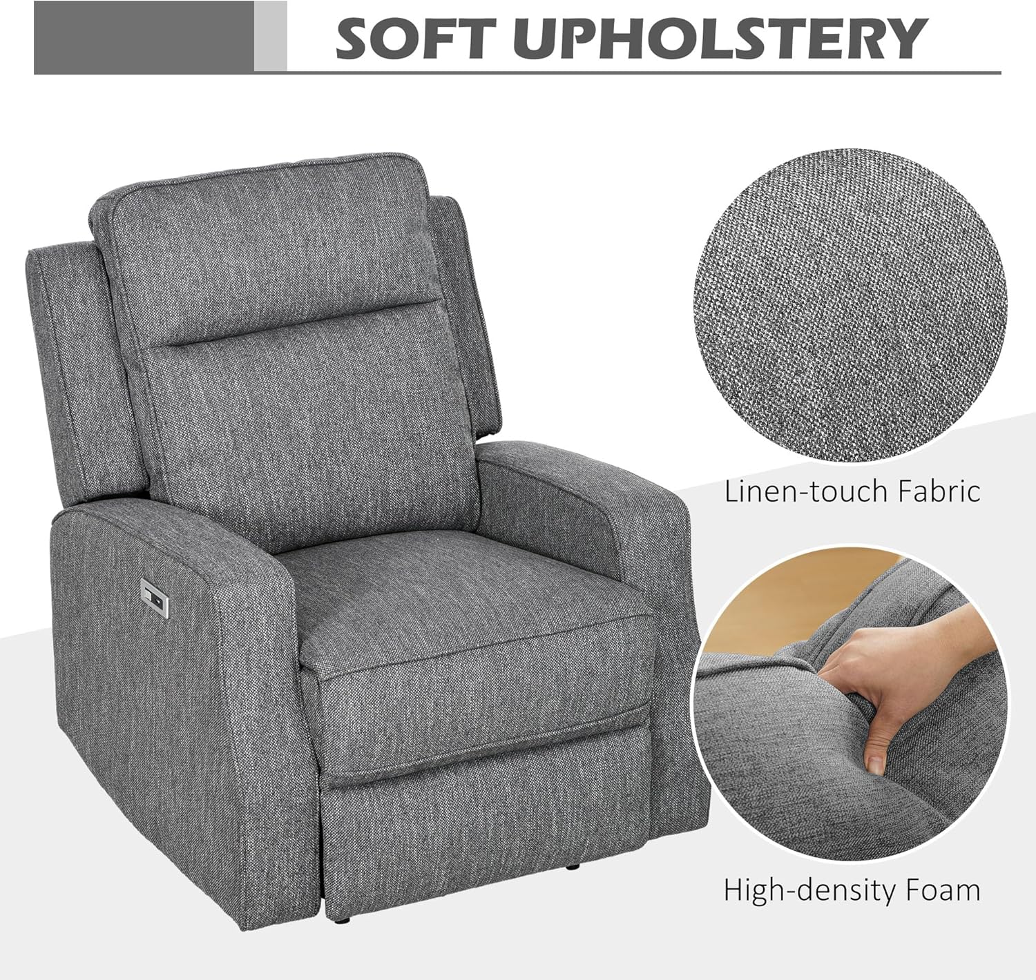 HOMCOM Electric Fabric Recliner Armchair, Reclining Chair with Adjustable Leg Rest, USB Port, for Limited Space Home Living Room, Charcoal Grey