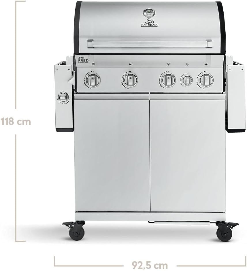 BURNHARD Big Fred Deluxe Series 3, 4-Burner Gas Barbecue Including Backburner, 900 °C Infrared Ceramic Burner, Side Hob, Cast Iron Cooking Grate, Grill Cover, Stainless Steel Grill Trolley + Folding