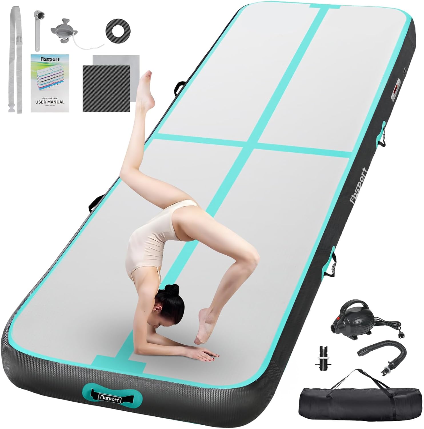 FBSPORT Airtrack Mat, 10/20 cm High Thick 2/3/4/5/6 / M Tumbling Mat, Gymnastics Mat with Air Pump, Training Mat with Carry Bag, Gym Mat for Home, Outdoor, Yoga, Exercise Gymnastics etc.