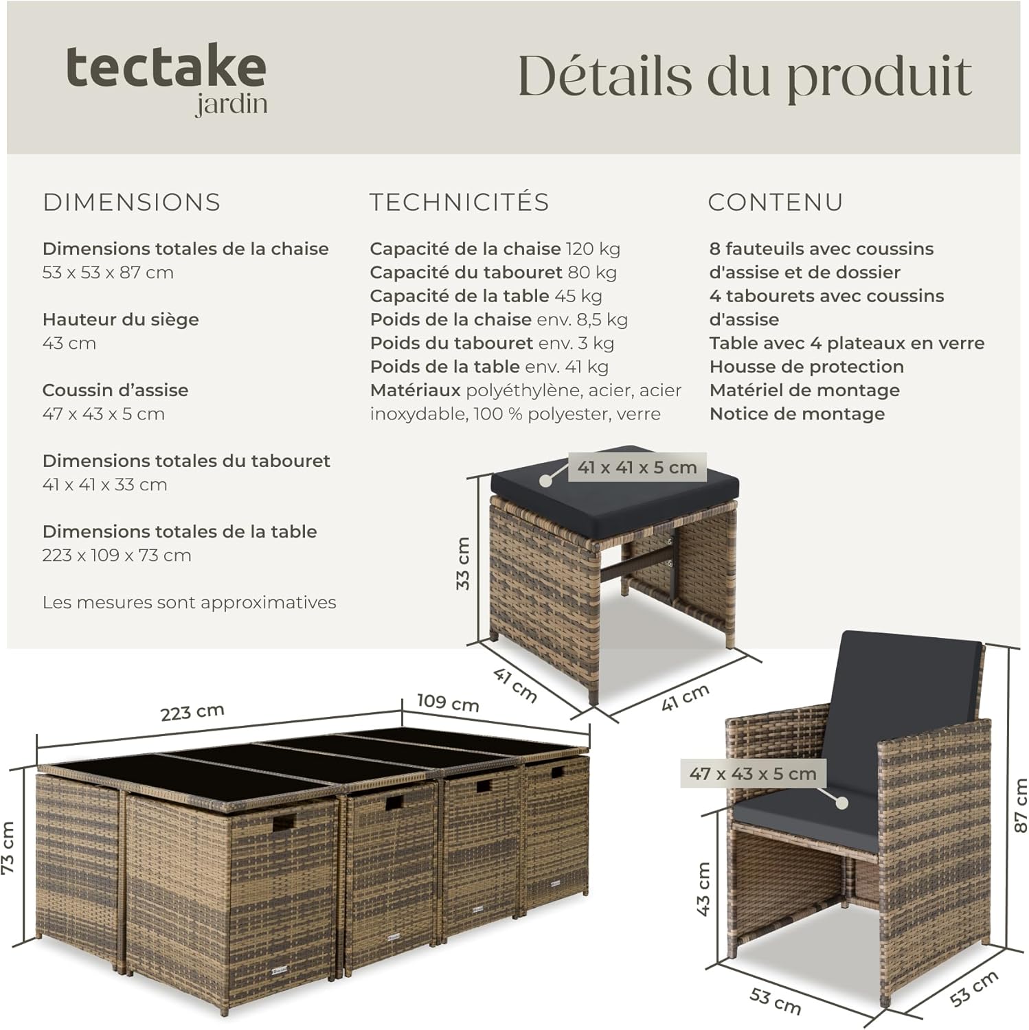 TecTake Rattan Garden Furniture Set - Outdoor Dining Set with 8 Comfortable Chairs, 4 Stools, and 1 Table - Balcony and Patio Furniture - Black/Grey