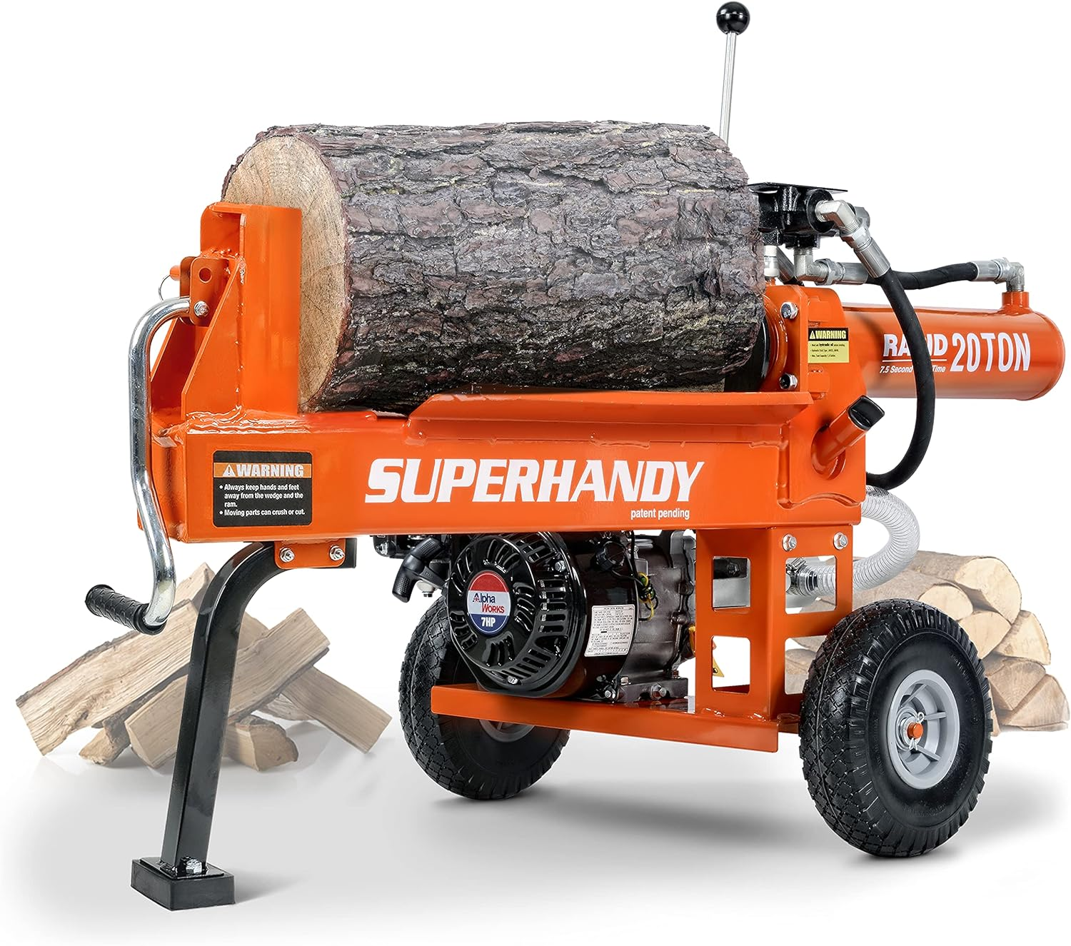 SuperHandy Log Splitter Portable 20 Ton Rapid Auto Return Ram System Bucher Gear Pump 7HP Engine Horizontal Full Beam Steel Wedge Firewood Splitting Forestry Harvesting