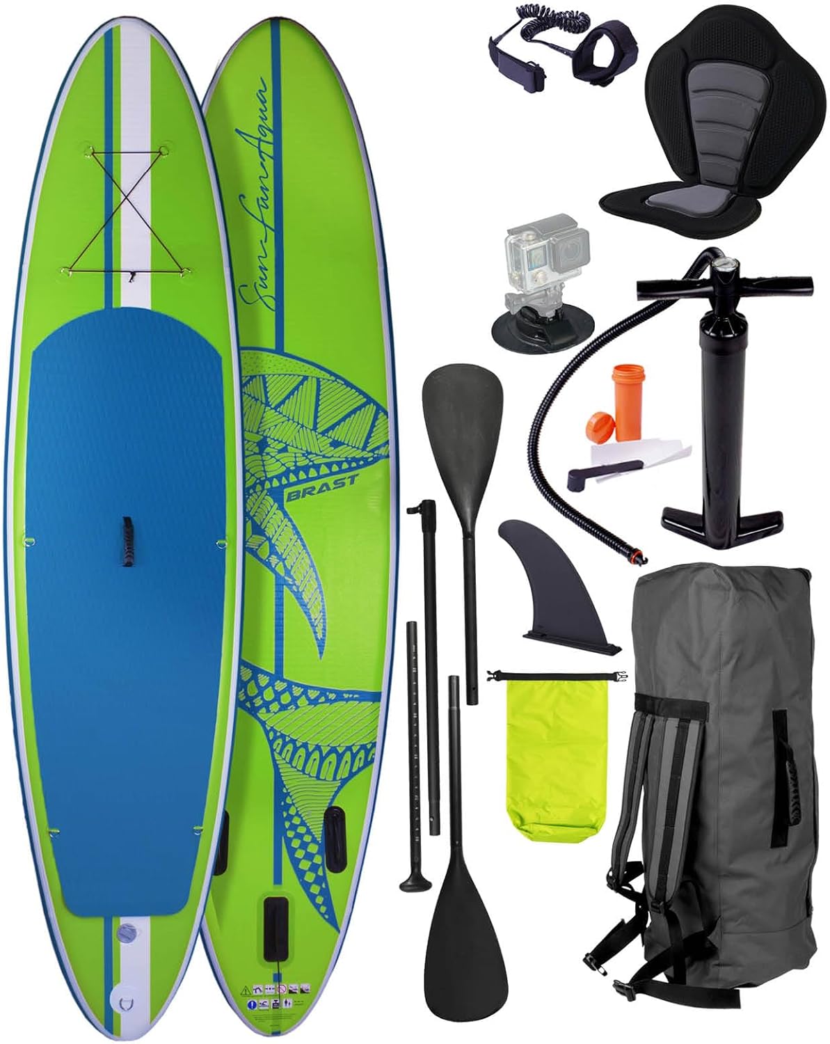 BRAST® SUP Board, Shark, Inflatable Stand Up Paddle Set, 300–320 cm, Many Models, Includes Special Accessories, 2-in-1 Paddle, Kayak Seat, Action Cam Holder, Foot Strap, Pump, Backpack