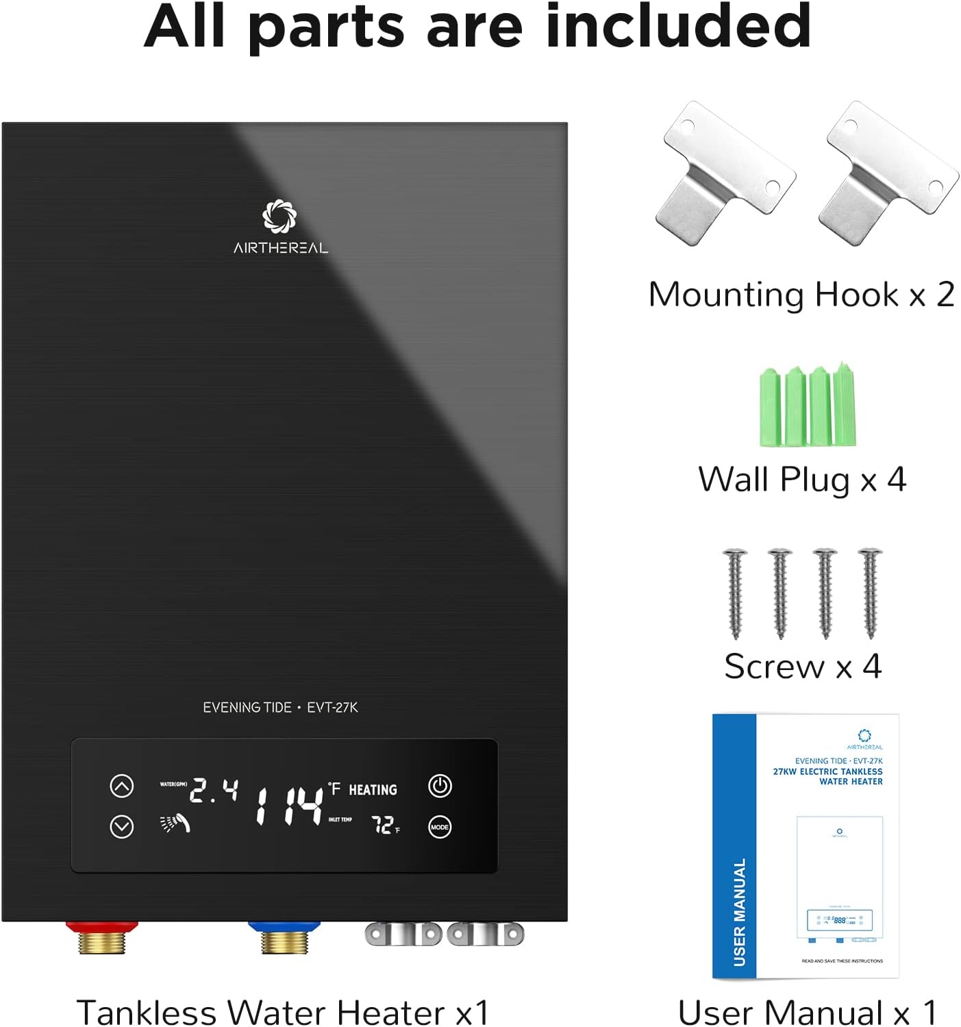 Airthereal Electric Tankless Water Heater, 27kW, 240Volts - Endless On-Demand Hot Water - Self Modulates to Save Energy Use - Small Enough to Install Anywhere - for 3 Showers, Evening Tide series