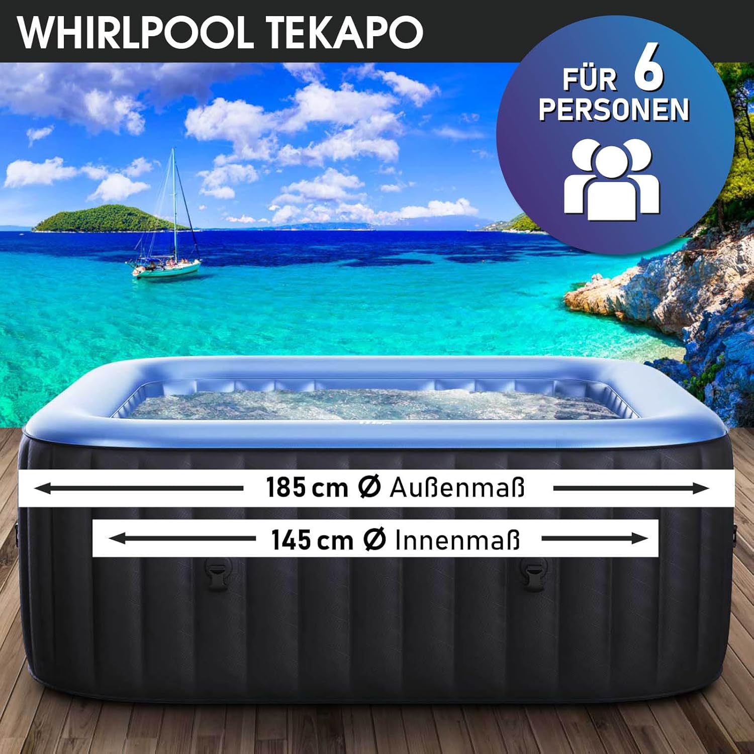 Whirlpool aufblasbar BRAST MSpa Tekapo für 6 Personen 185x185cm In-Outdoor Pool 132 Massagedüsen Energiespar-Timer Heizung Aufblasfunktion per Knopfdruck Bubble Spa Wellness Massage