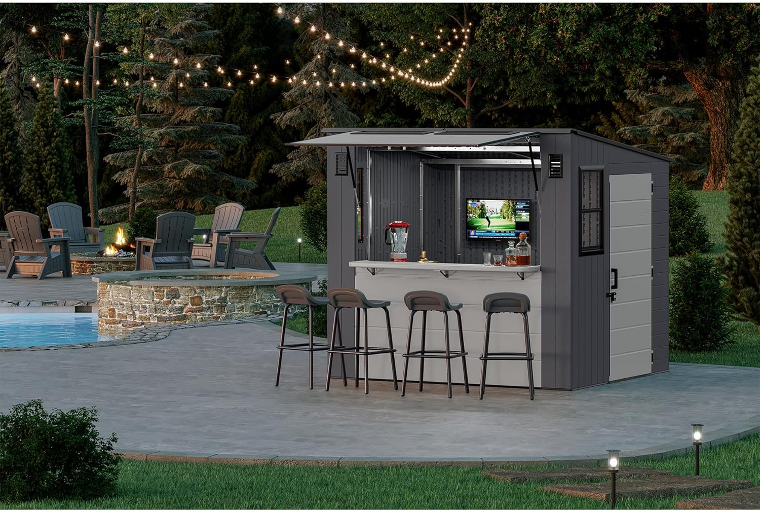 Suncast 8' x 7' Cabana Entertainment Storage Shed, All-Weather Outdoor Backyard Shelter with 2 Windows and Fold-Down Bar Top, Gray