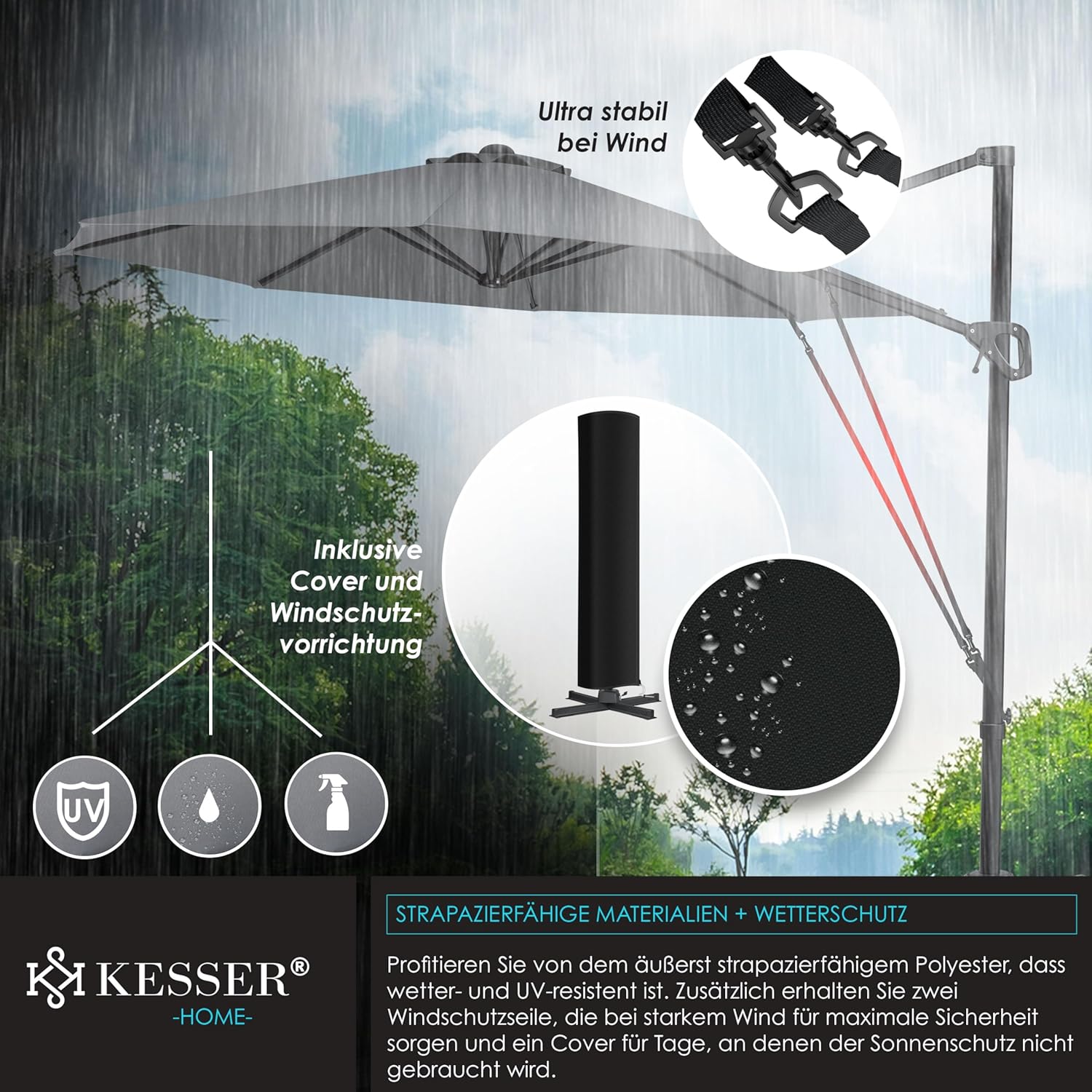 KESSER® Sun Parasol Round XL Diameter 330 cm Includes Cover + Wind Protection 7-Way Adjustable Tilting Large 360° Rotatable Garden Umbrella with Crank Sun Protection UV50+ Anthracite