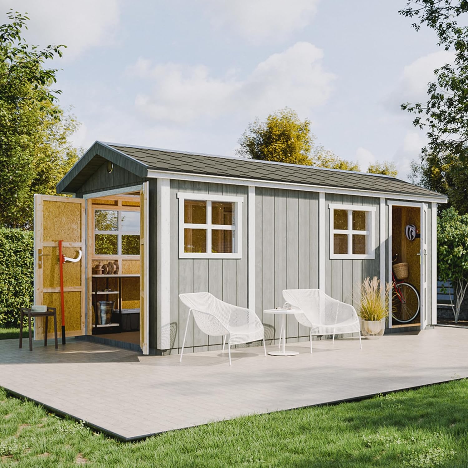 Timbela M915C-Harvest Honey Premium Quality Garden Shed 11.47 m² - Height 252 x 250 x 530 cm - Assembly of LP Smartside Panels - with Floor and Bitumen Tiles