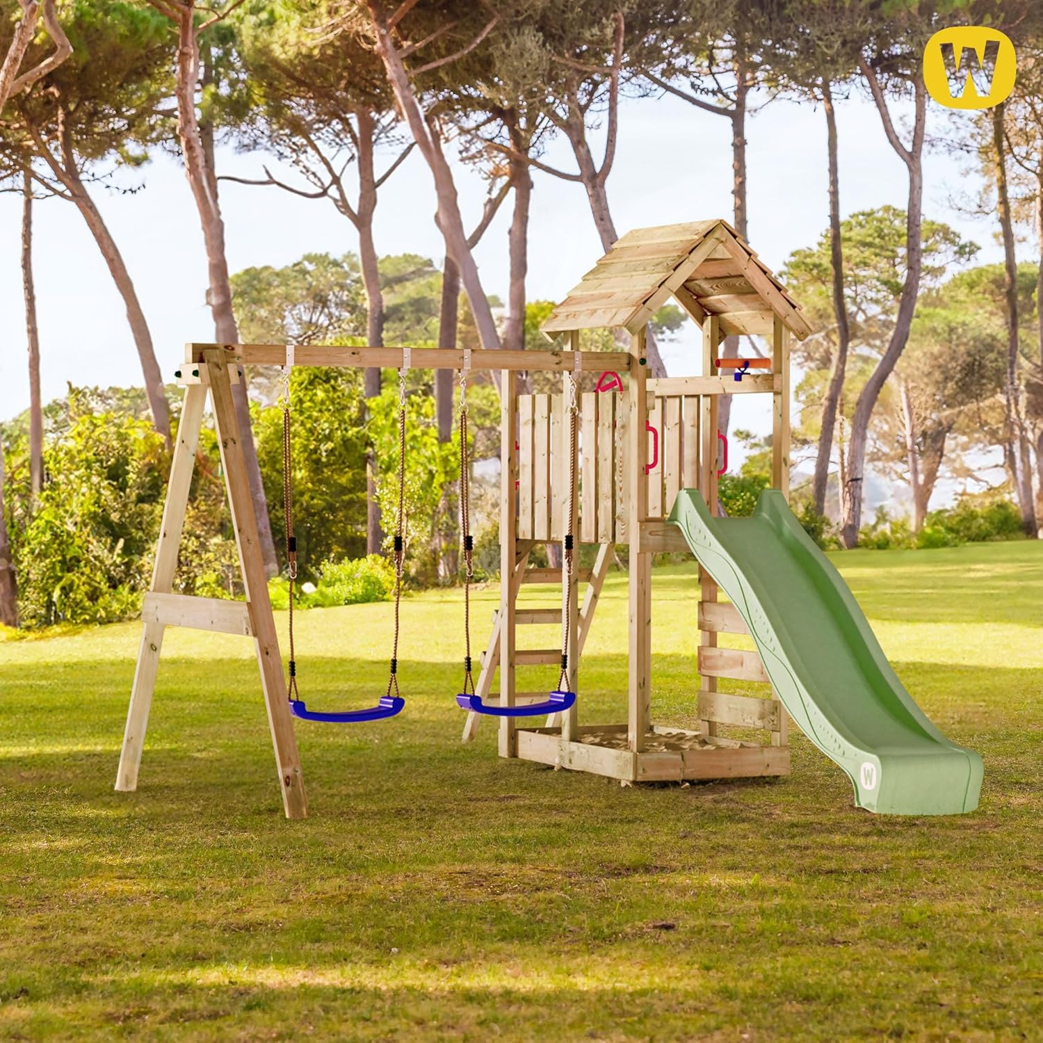 WICKEY MultiFlyer Play Tower Climbing Frame Wooden Roof with Swing and Green Slide, Climbing Tower with Wooden Roof, Sandpit, Ladder and Play Accessories